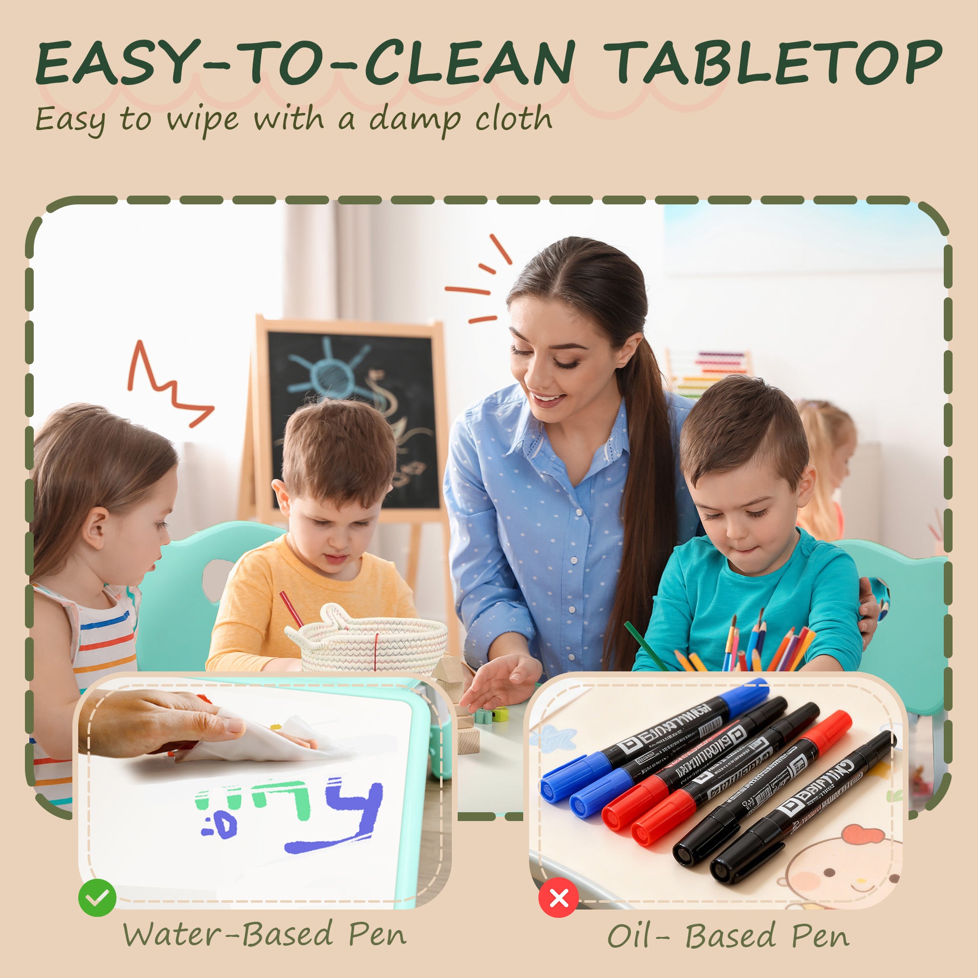 Qaba Kids Table and Chair Set with 4 Chairs, Adjustable Height, Easy to Clean, for 1.5 - 8 Years Old, Green-Toys & Games > Toddler & Kids Furniture > Kids Table Sets-DECOROLALA