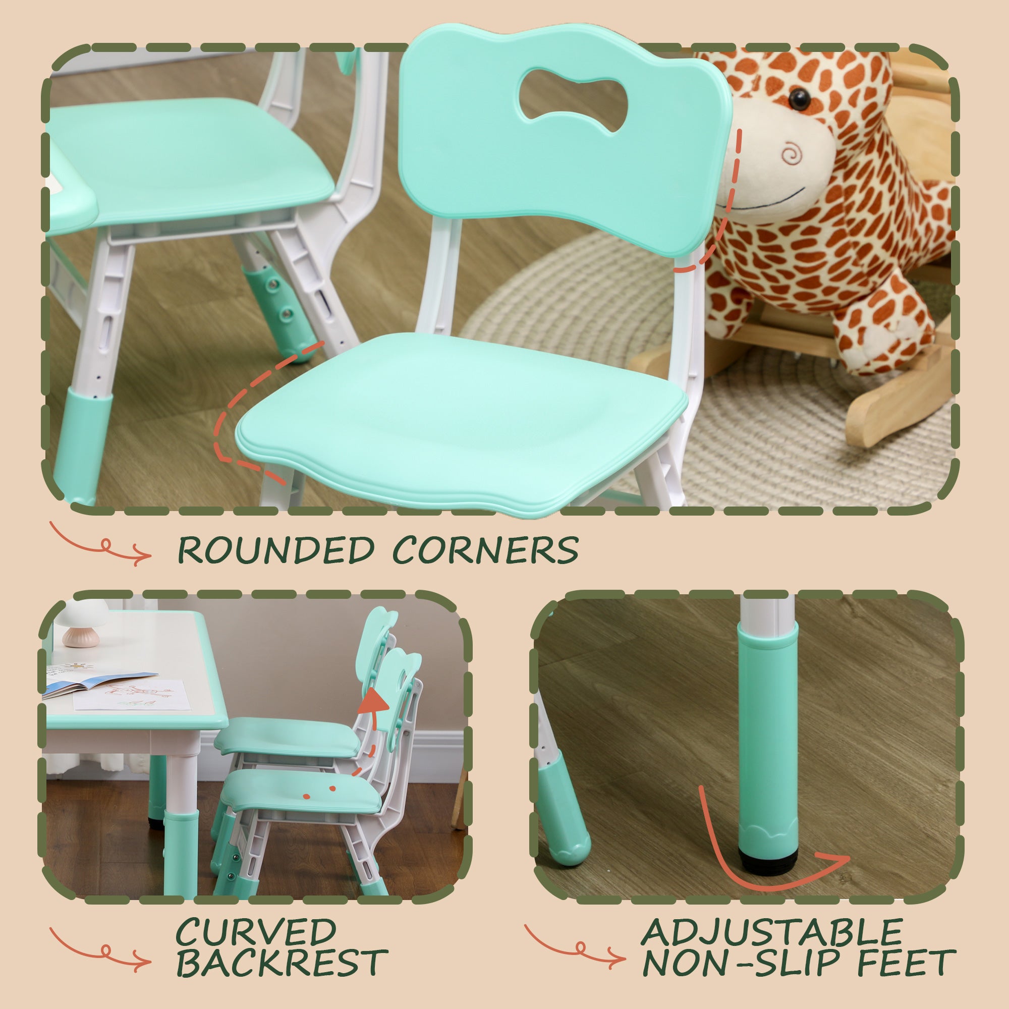 Qaba Kids Table and Chair Set with 4 Chairs, Adjustable Height, Easy to Clean, for 1.5 - 8 Years Old, Green-Toys & Games > Toddler & Kids Furniture > Kids Table Sets-DECOROLALA