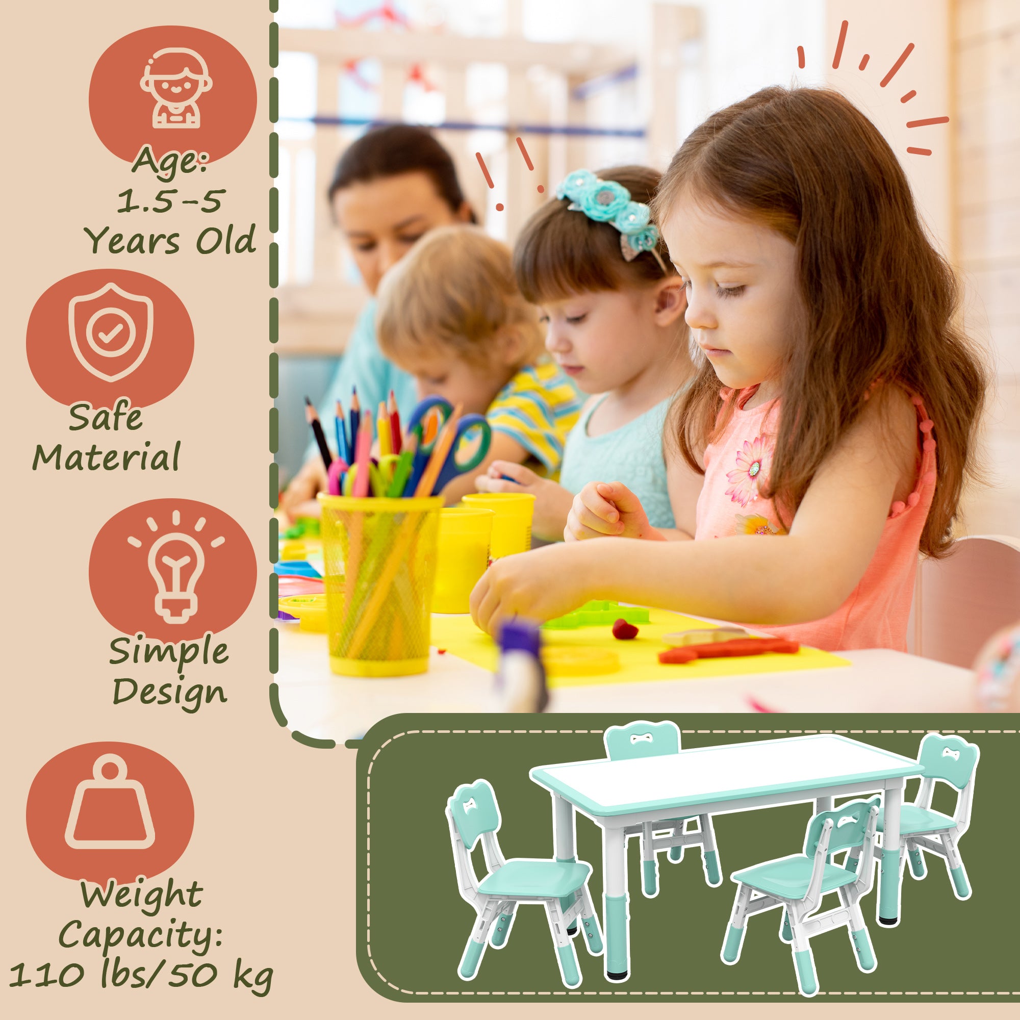 Qaba Kids Table and Chair Set with 4 Chairs, Adjustable Height, Easy to Clean, for 1.5 - 8 Years Old, Green-Toys & Games > Toddler & Kids Furniture > Kids Table Sets-DECOROLALA