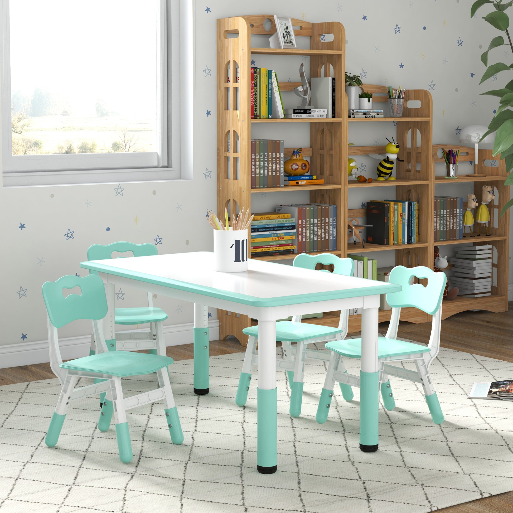 Qaba Kids Table and Chair Set with 4 Chairs, Adjustable Height, Easy to Clean, for 1.5 - 8 Years Old, Green-Toys & Games > Toddler & Kids Furniture > Kids Table Sets-DECOROLALA