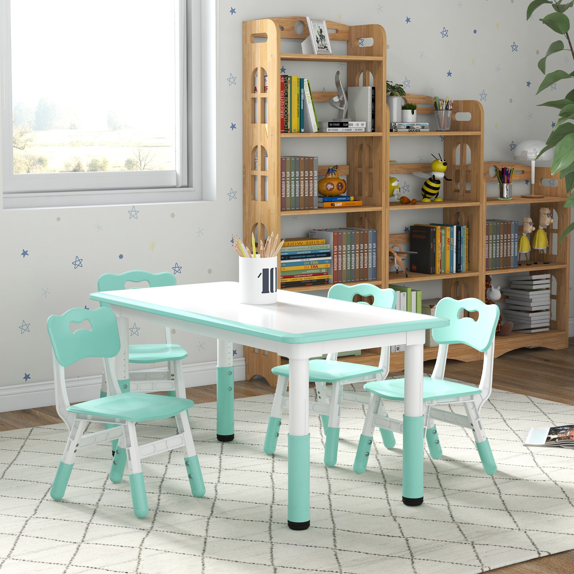 Qaba Kids Table and Chair Set with 4 Chairs, Adjustable Height, Easy to Clean, for 1.5 - 8 Years Old, Green-Toys & Games > Toddler & Kids Furniture > Kids Table Sets-DECOROLALA