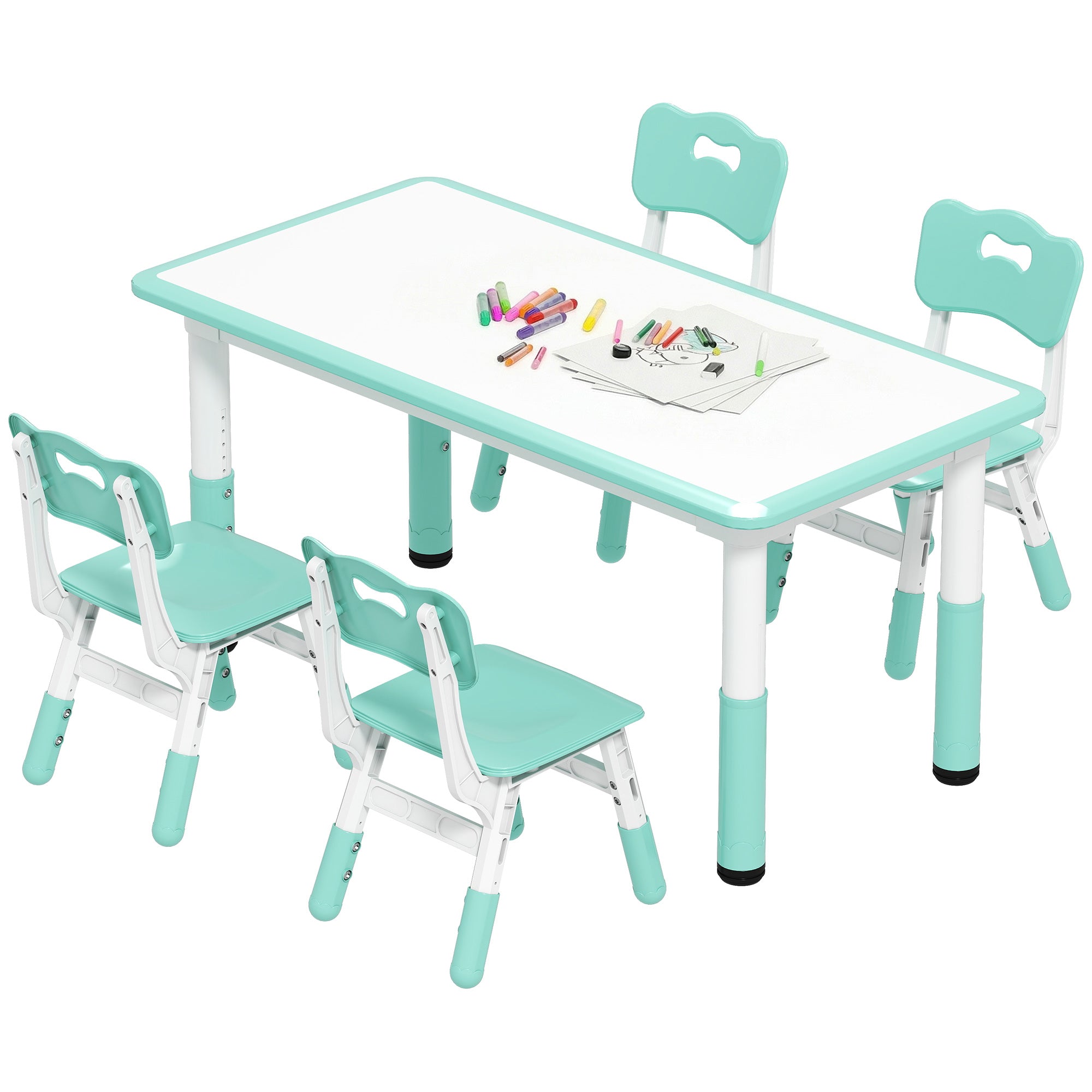 Qaba Kids Table and Chair Set with 4 Chairs, Adjustable Height, Easy to Clean, for 1.5 - 8 Years Old, Green-Toys & Games > Toddler & Kids Furniture > Kids Table Sets-DECOROLALA