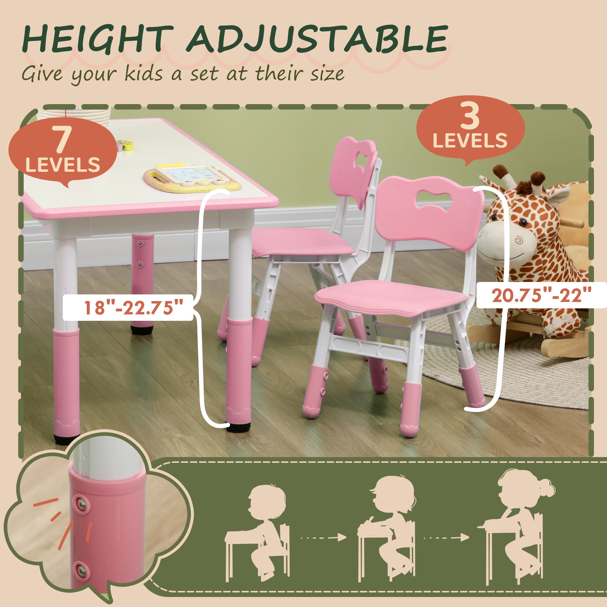 Qaba Kids Table and Chair Set with 4 Chairs, Adjustable Height, Easy to Clean, for 1.5 - 8 Years Old, Pink-Toys & Games > Toddler & Kids Furniture > Kids Table Sets-DECOROLALA