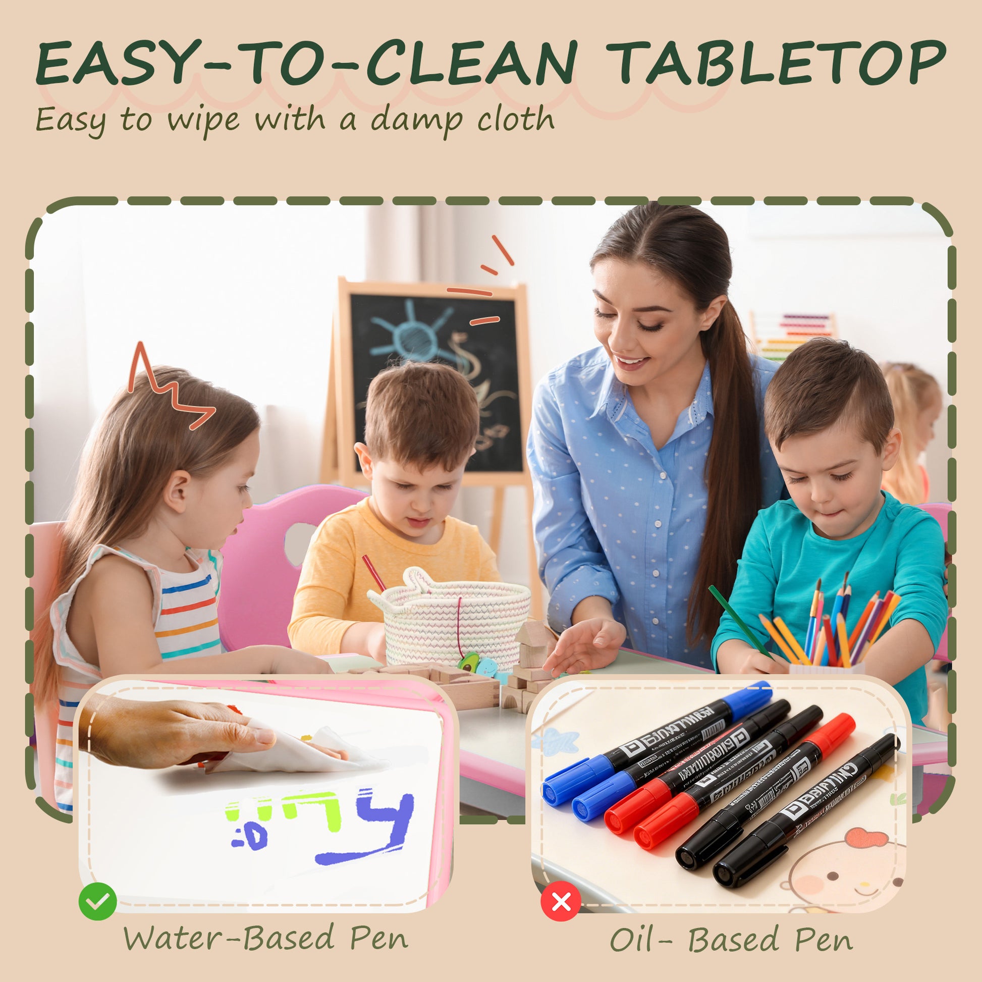 Qaba Kids Table and Chair Set with 4 Chairs, Adjustable Height, Easy to Clean, for 1.5 - 8 Years Old, Pink-Toys & Games > Toddler & Kids Furniture > Kids Table Sets-DECOROLALA