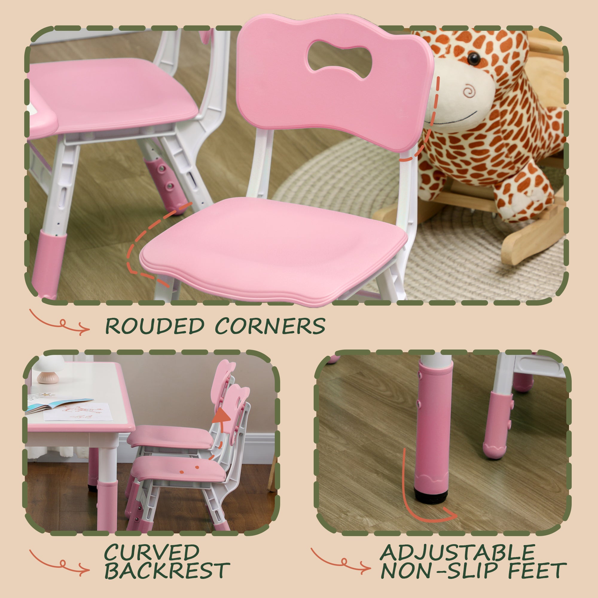 Qaba Kids Table and Chair Set with 4 Chairs, Adjustable Height, Easy to Clean, for 1.5 - 8 Years Old, Pink-Toys & Games > Toddler & Kids Furniture > Kids Table Sets-DECOROLALA