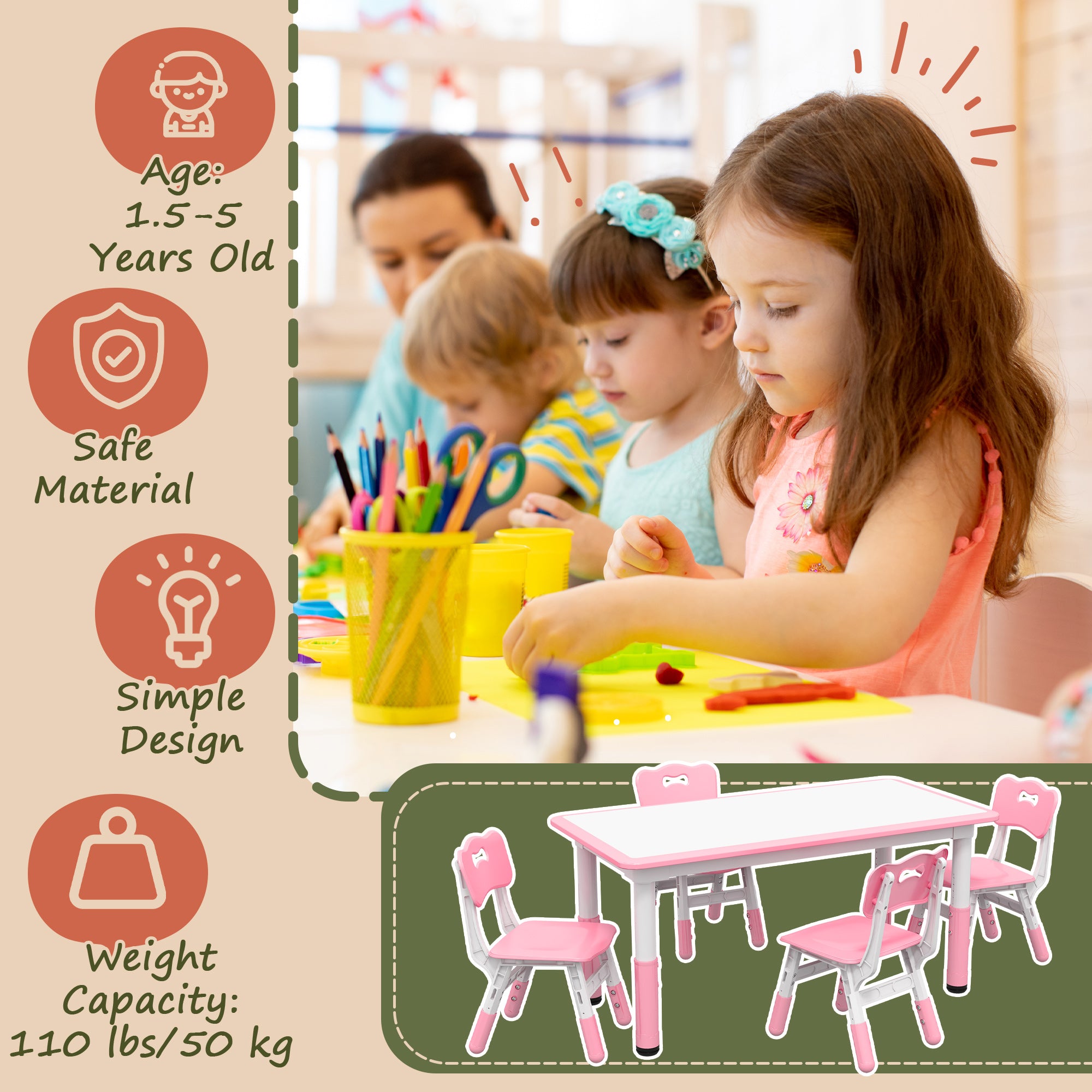 Qaba Kids Table and Chair Set with 4 Chairs, Adjustable Height, Easy to Clean, for 1.5 - 8 Years Old, Pink-Toys & Games > Toddler & Kids Furniture > Kids Table Sets-DECOROLALA