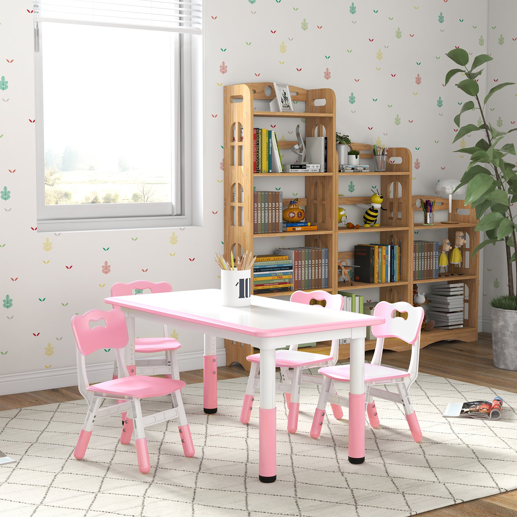 Qaba Kids Table and Chair Set with 4 Chairs, Adjustable Height, Easy to Clean, for 1.5 - 8 Years Old, Pink-Toys & Games > Toddler & Kids Furniture > Kids Table Sets-DECOROLALA