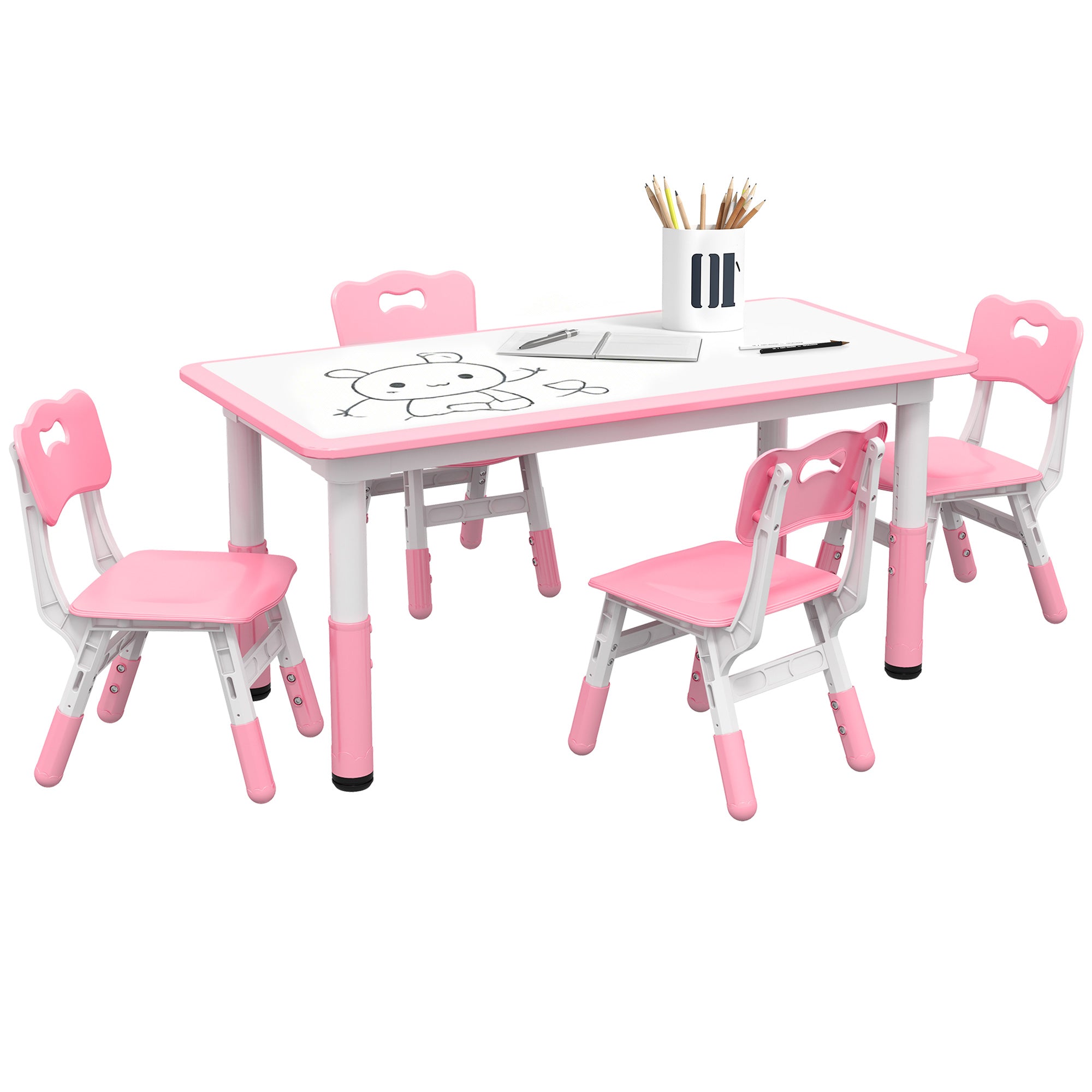 Qaba Kids Table and Chair Set with 4 Chairs, Adjustable Height, Easy to Clean, for 1.5 - 8 Years Old, Pink-Toys & Games > Toddler & Kids Furniture > Kids Table Sets-DECOROLALA