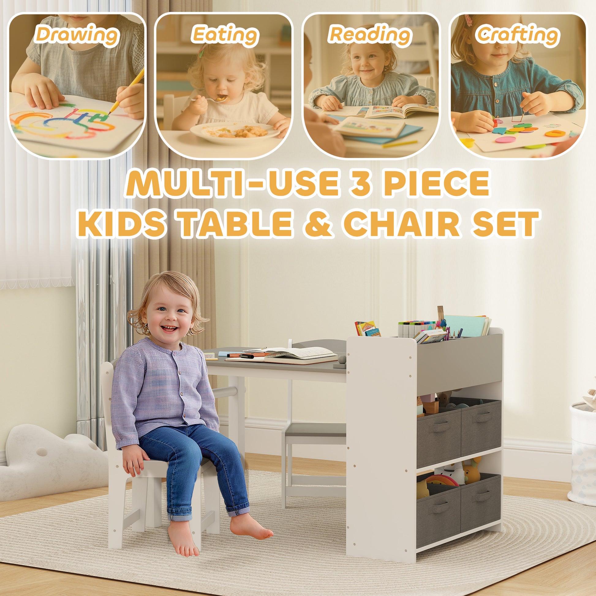 Qaba Kids Table and Chairs Set, Toddler Art Table and Chair Set with Paper Roll, Storage Shelves and Drawers, Grey-Toys & Games > Toddler & Kids Furniture > Kids Table Sets-DECOROLALA