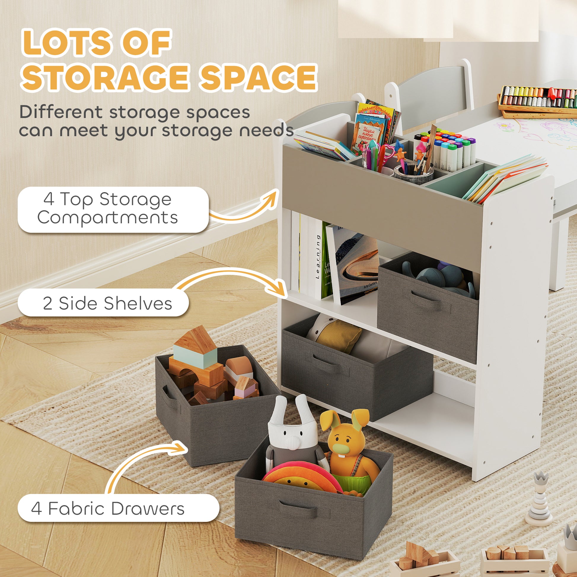 Qaba Kids Table and Chairs Set, Toddler Art Table and Chair Set with Paper Roll, Storage Shelves and Drawers, Grey-Toys & Games > Toddler & Kids Furniture > Kids Table Sets-DECOROLALA