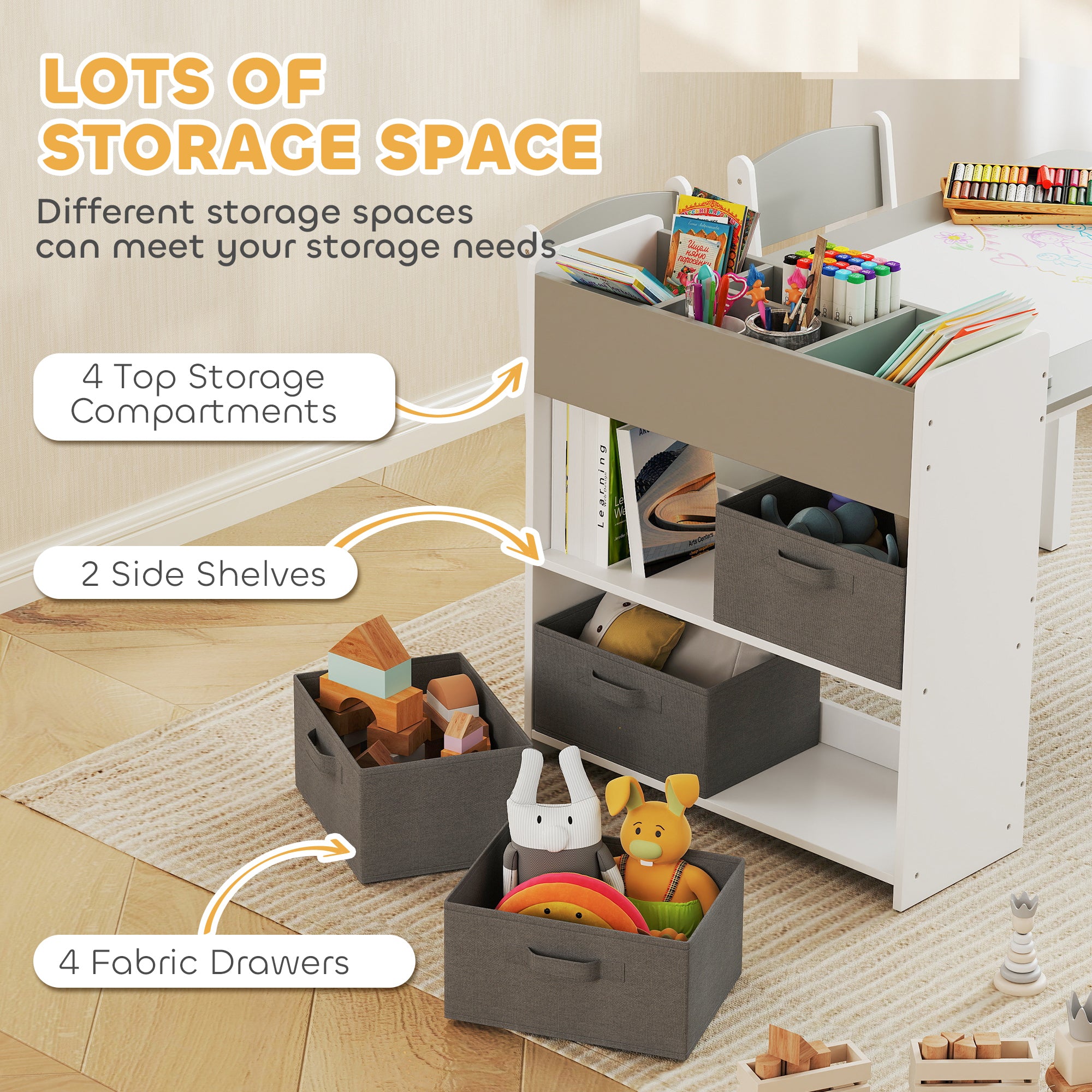 Qaba Kids Table and Chairs Set, Toddler Art Table and Chair Set with Paper Roll, Storage Shelves and Drawers, Grey-Toys & Games > Toddler & Kids Furniture > Kids Table Sets-DECOROLALA