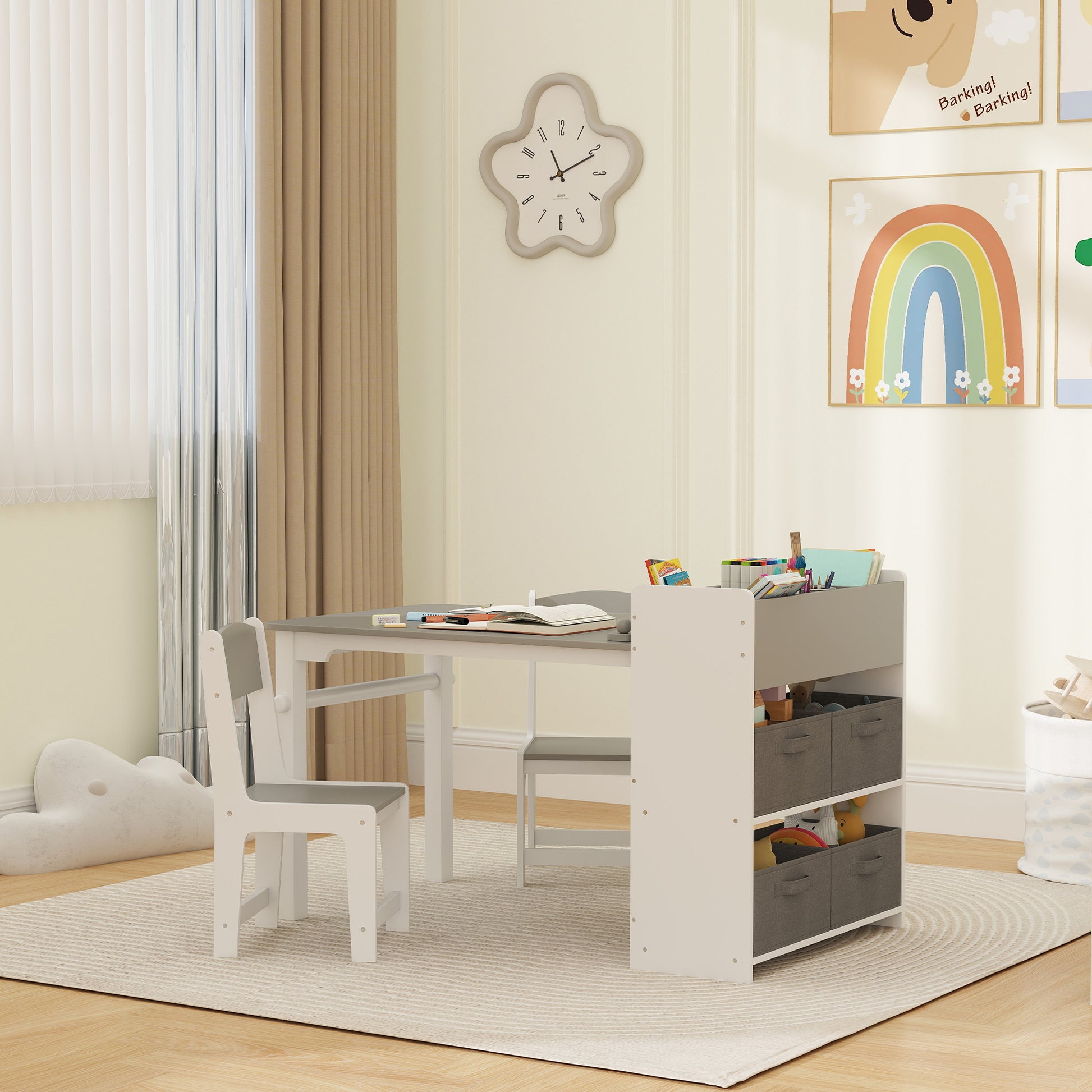 Qaba Kids Table and Chairs Set, Toddler Art Table and Chair Set with Paper Roll, Storage Shelves and Drawers, Grey-Toys & Games > Toddler & Kids Furniture > Kids Table Sets-DECOROLALA