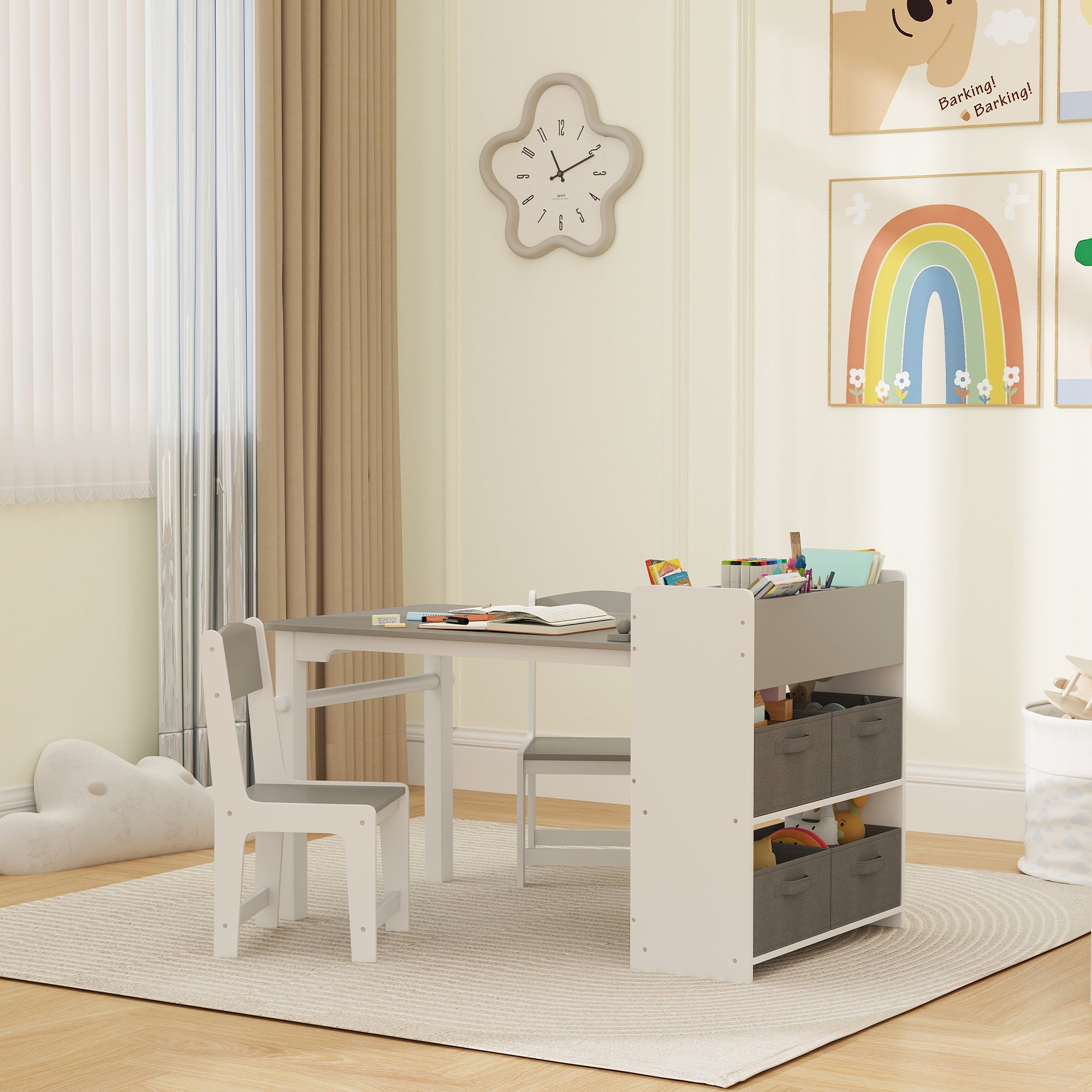 Qaba Kids Table and Chairs Set, Toddler Art Table and Chair Set with Paper Roll, Storage Shelves and Drawers, Grey-Toys & Games > Toddler & Kids Furniture > Kids Table Sets-DECOROLALA