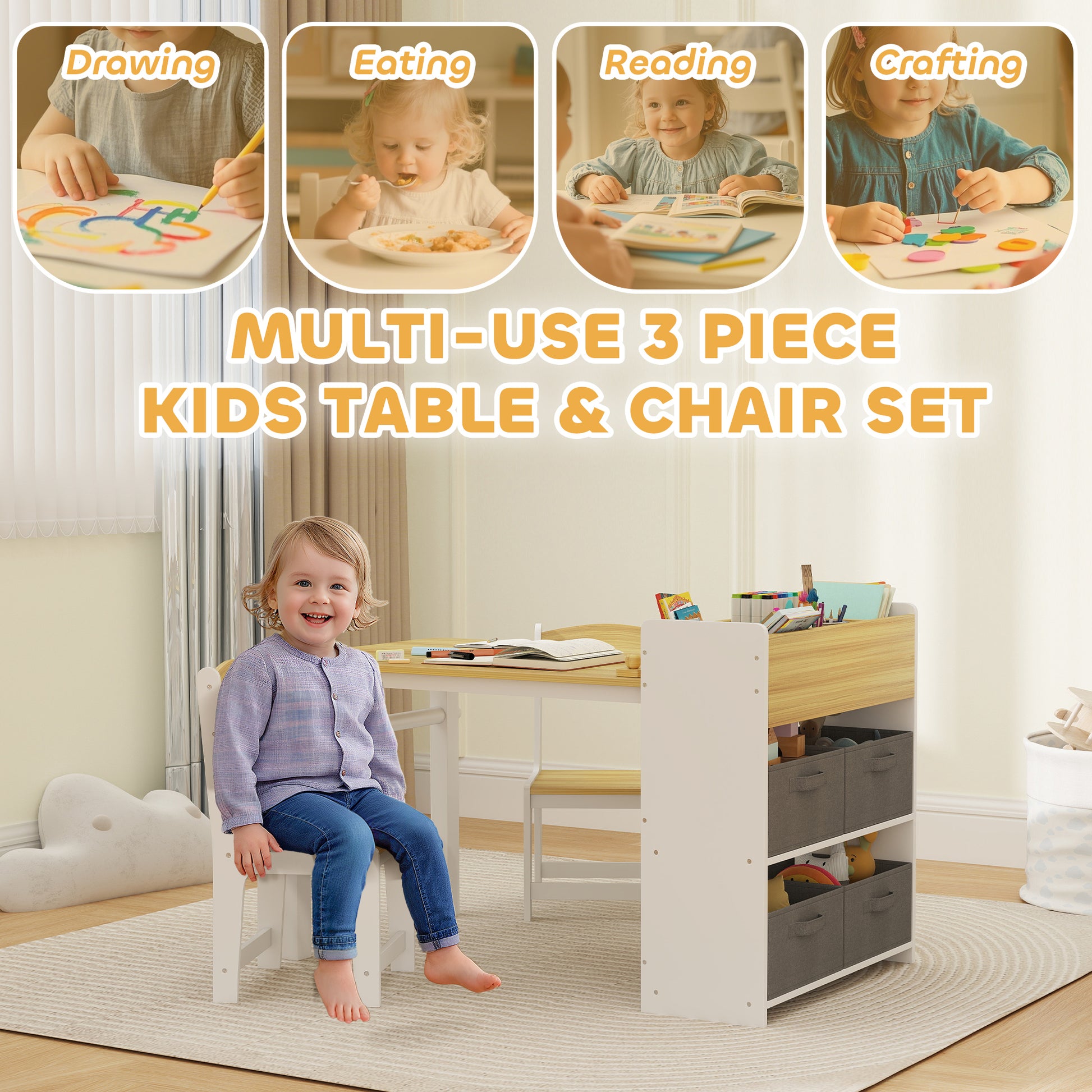 Qaba Kids Table and Chairs Set, Toddler Art Table and Chair Set with Paper Roll, Storage Shelves and Drawers, Natural Wood-Toys & Games > Toddler & Kids Furniture > Kids Table Sets-DECOROLALA
