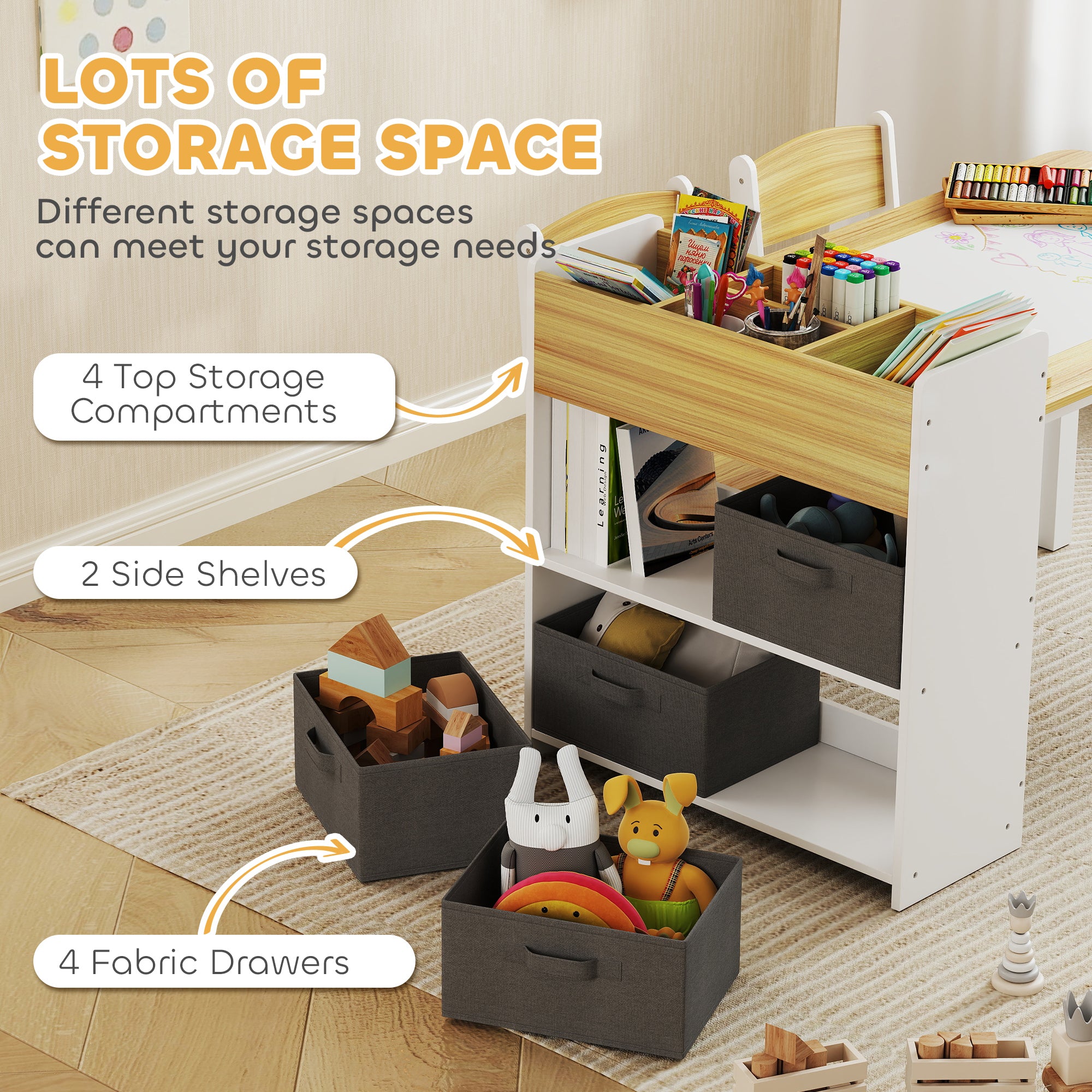 Qaba Kids Table and Chairs Set, Toddler Art Table and Chair Set with Paper Roll, Storage Shelves and Drawers, Natural Wood-Toys & Games > Toddler & Kids Furniture > Kids Table Sets-DECOROLALA