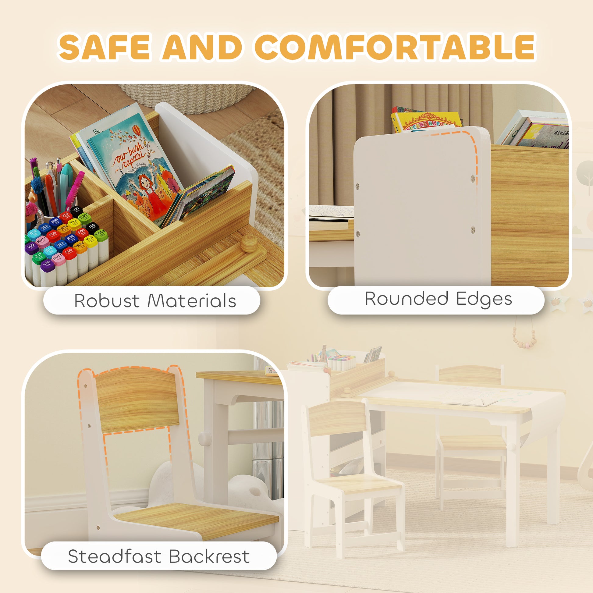 Qaba Kids Table and Chairs Set, Toddler Art Table and Chair Set with Paper Roll, Storage Shelves and Drawers, Natural Wood-Toys & Games > Toddler & Kids Furniture > Kids Table Sets-DECOROLALA