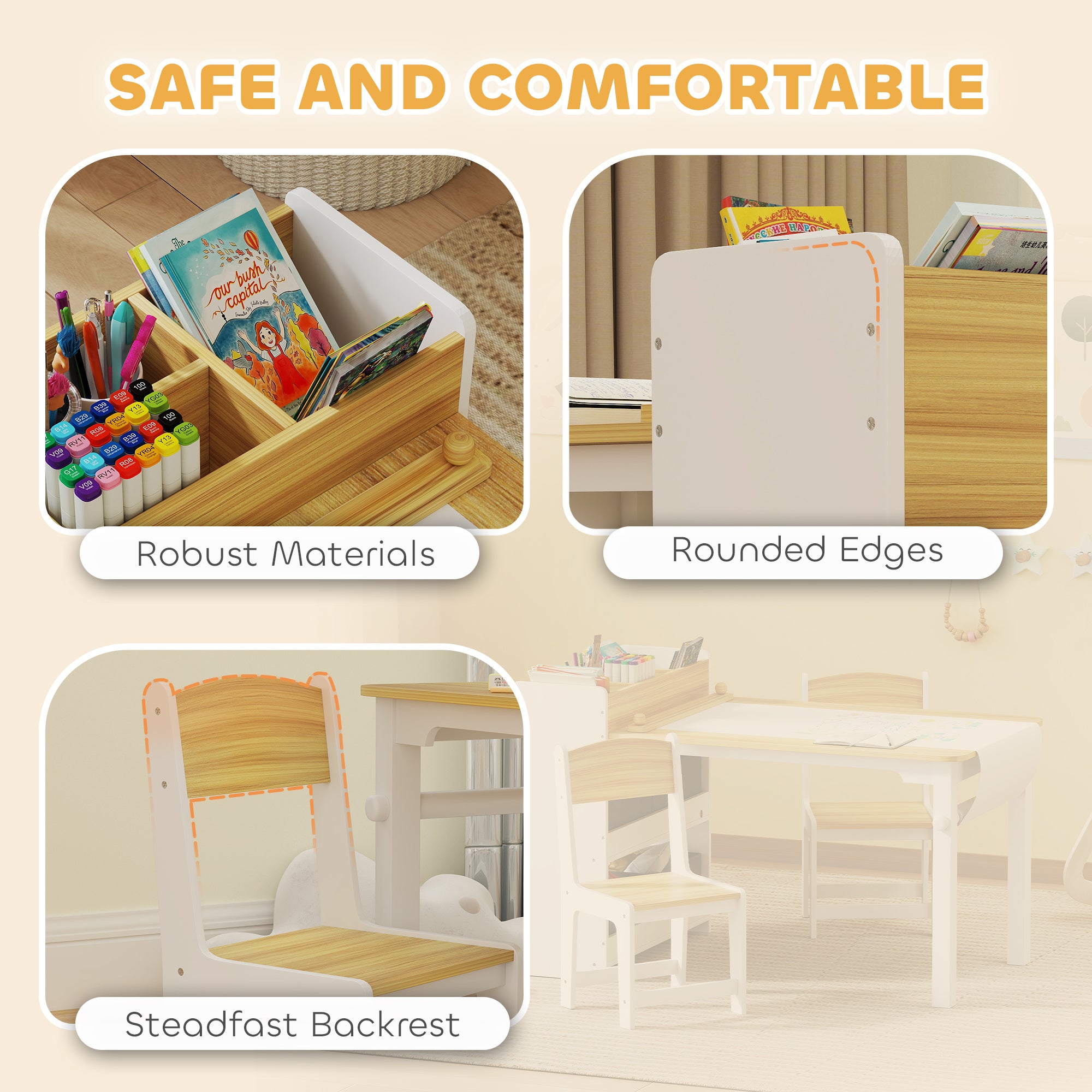 Qaba Kids Table and Chairs Set, Toddler Art Table and Chair Set with Paper Roll, Storage Shelves and Drawers, Natural Wood-Toys & Games > Toddler & Kids Furniture > Kids Table Sets-DECOROLALA