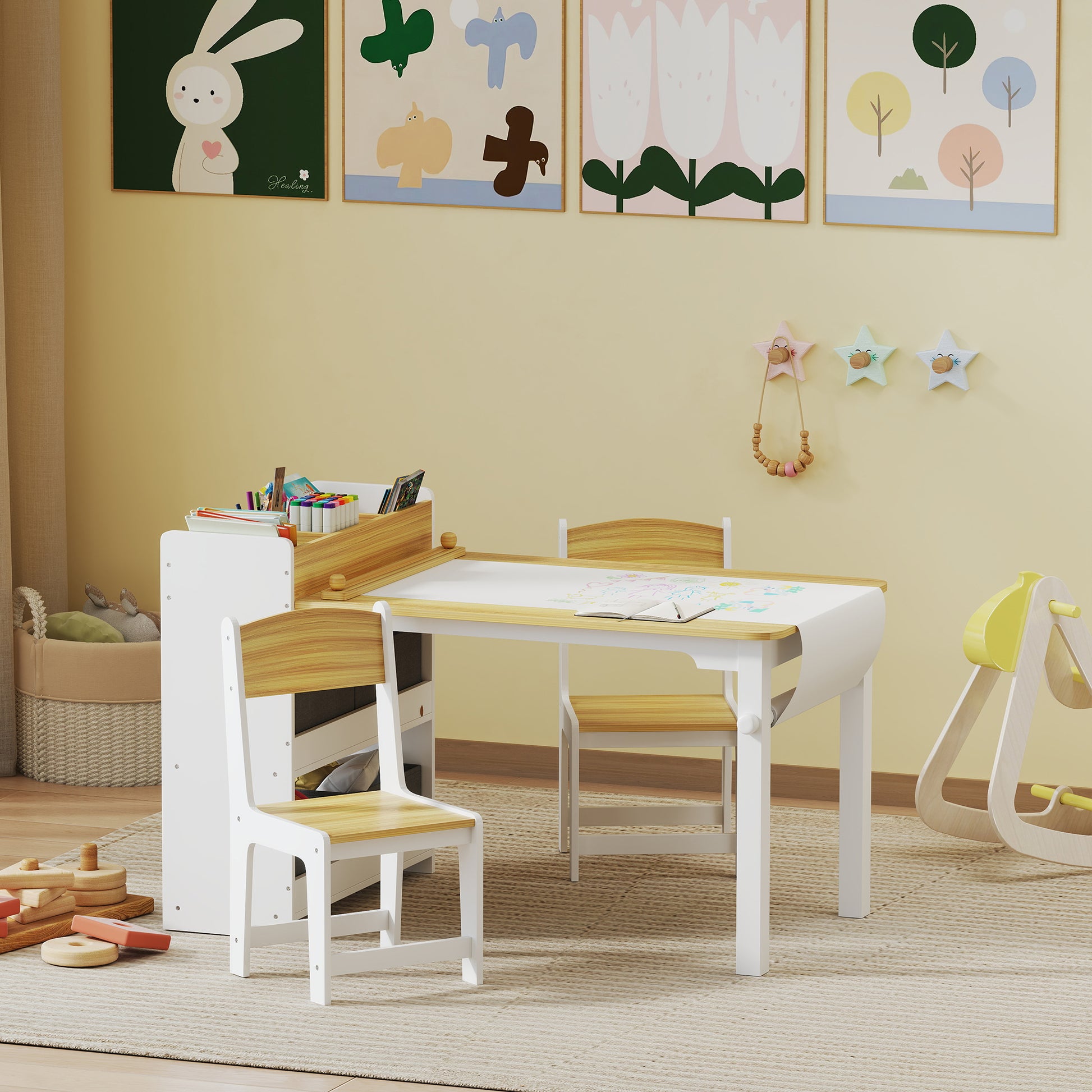 Qaba Kids Table and Chairs Set, Toddler Art Table and Chair Set with Paper Roll, Storage Shelves and Drawers, Natural Wood-Toys & Games > Toddler & Kids Furniture > Kids Table Sets-DECOROLALA