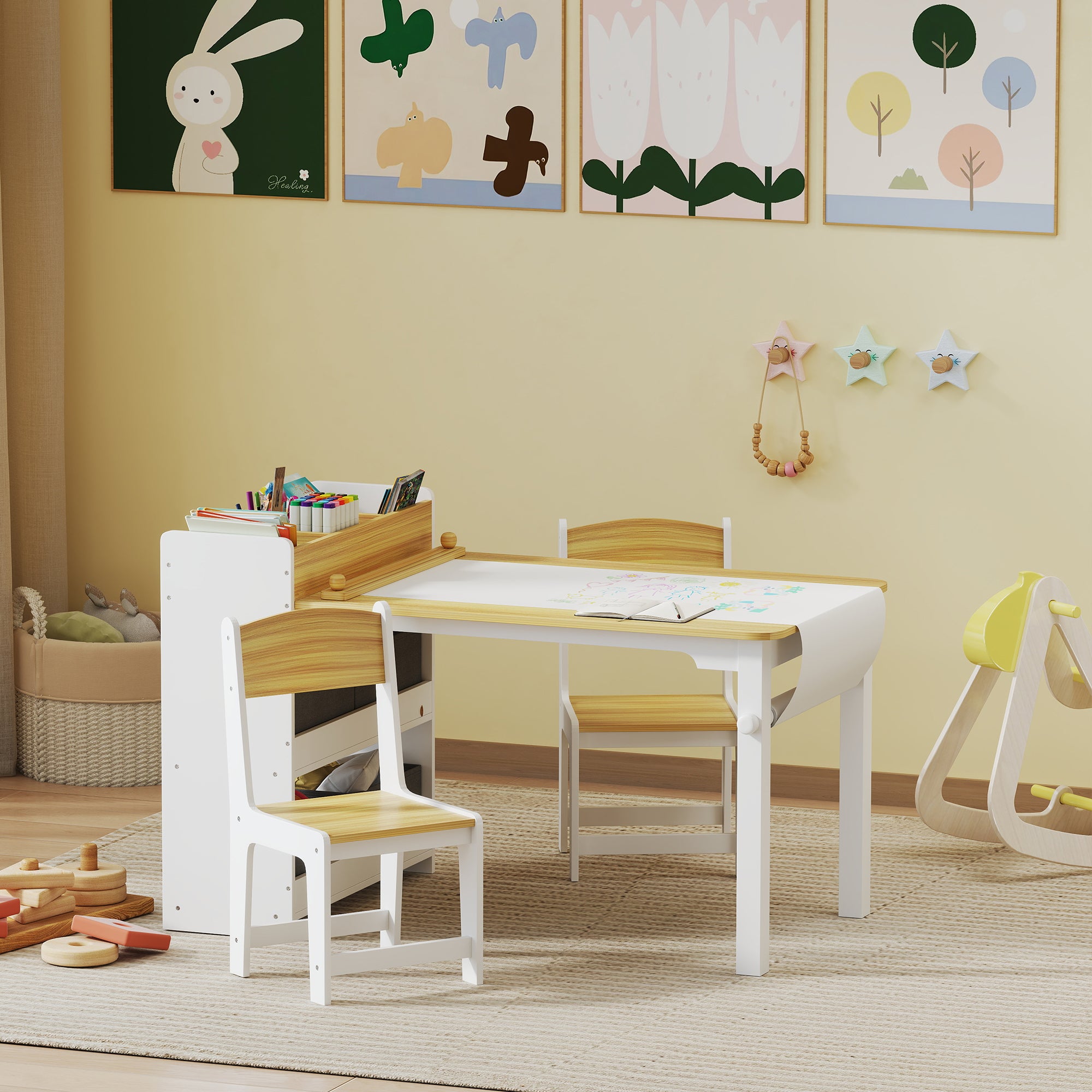 Qaba Kids Table and Chairs Set, Toddler Art Table and Chair Set with Paper Roll, Storage Shelves and Drawers, Natural Wood-Toys & Games > Toddler & Kids Furniture > Kids Table Sets-DECOROLALA