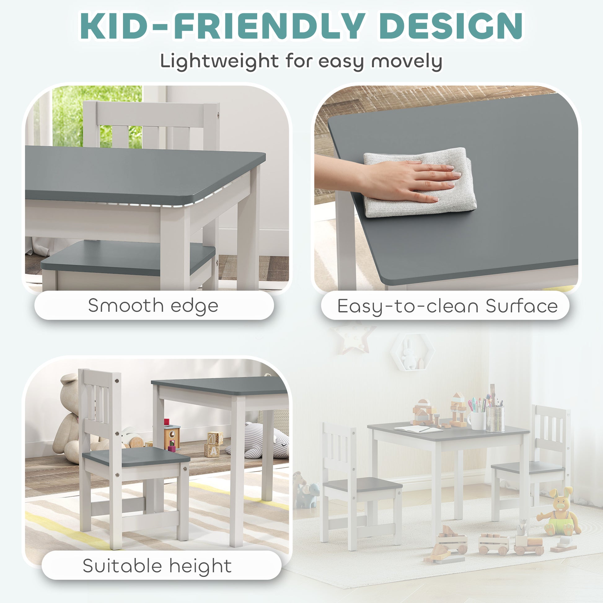 Qaba Kids Table and Chairs Set, Toddler Table and 2 Chair Set for Activity, Art, Craft, Reading, Learning, Grey-Toys & Games > Toddler & Kids Furniture > Kids Table Sets-DECOROLALA