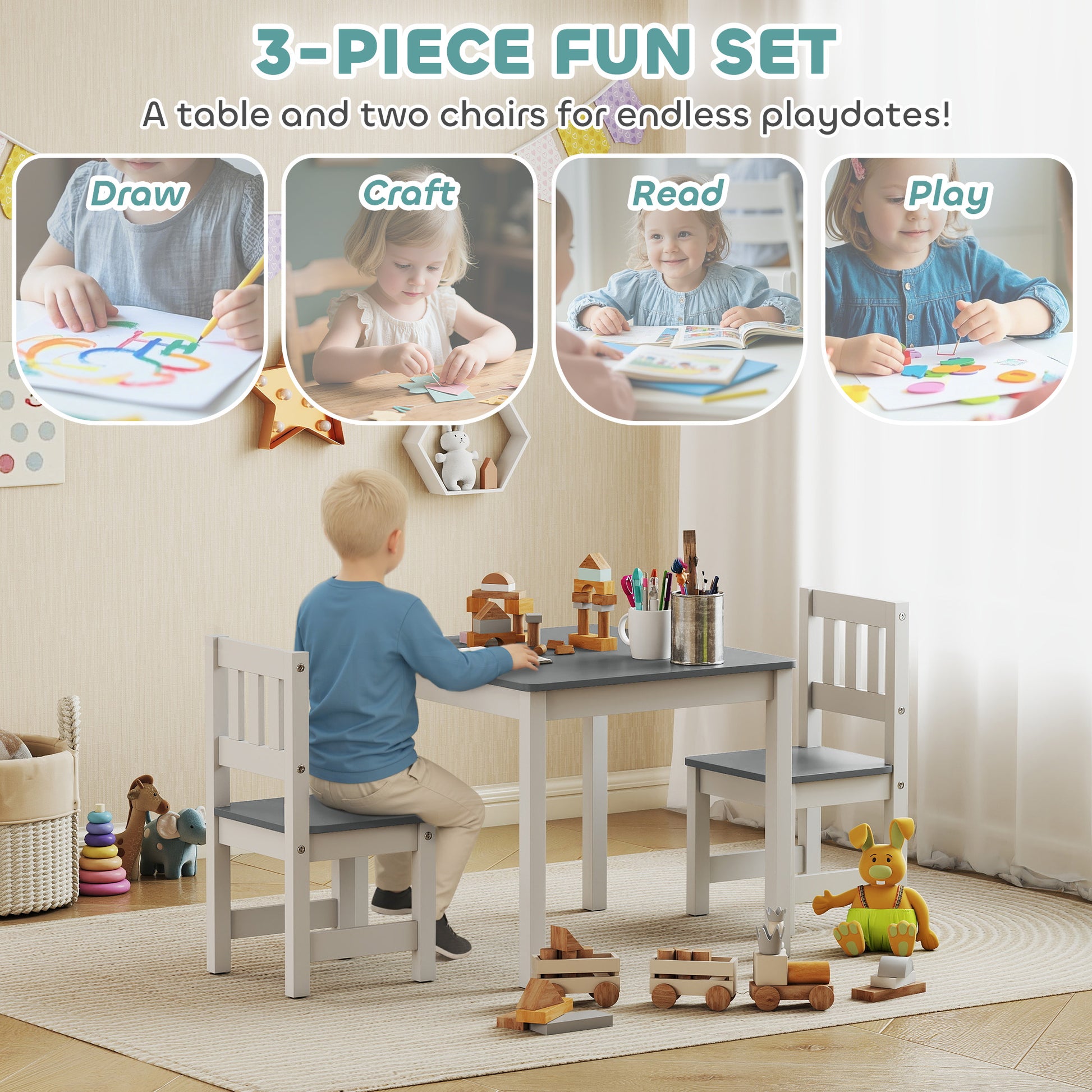 Qaba Kids Table and Chairs Set, Toddler Table and 2 Chair Set for Activity, Art, Craft, Reading, Learning, Grey-Toys & Games > Toddler & Kids Furniture > Kids Table Sets-DECOROLALA