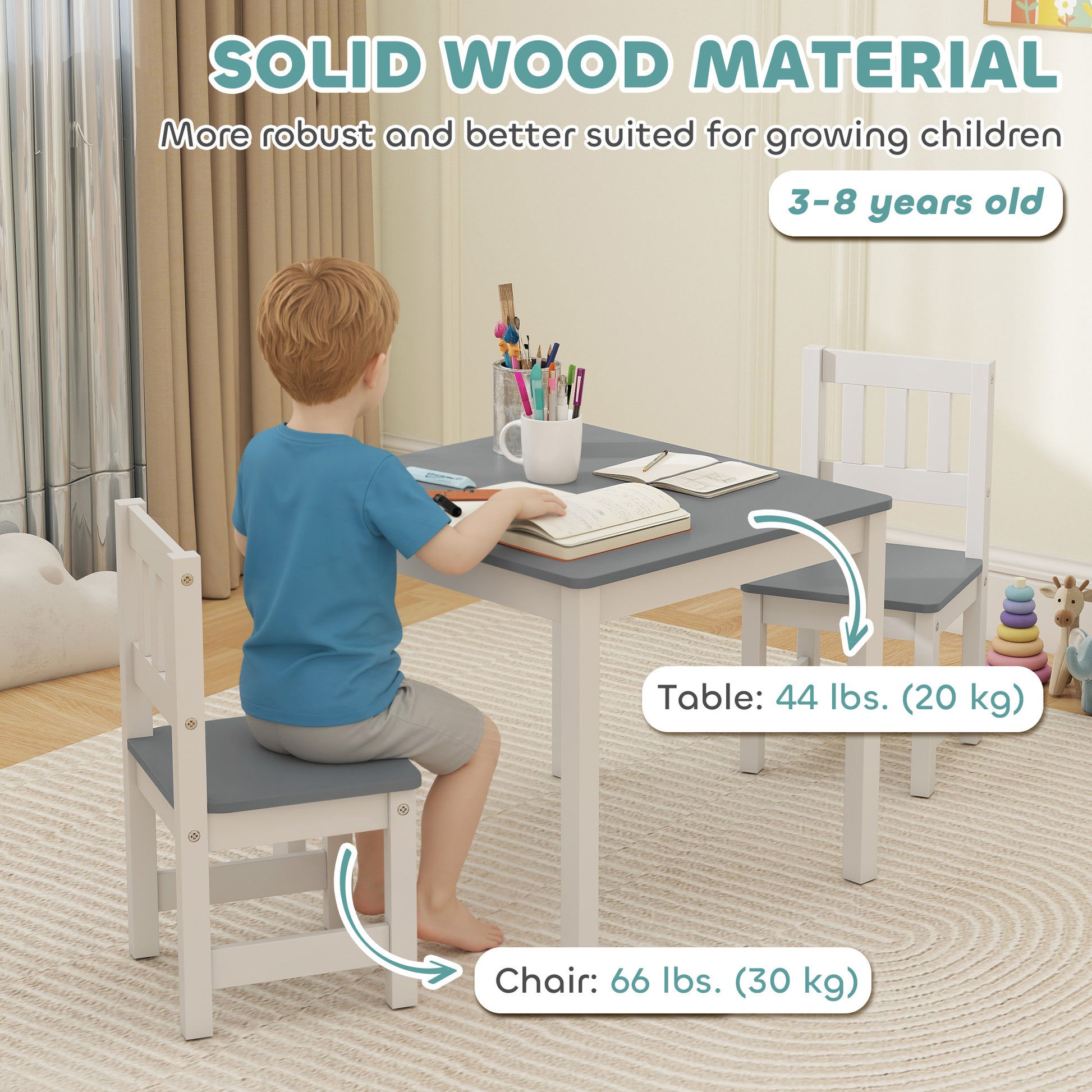 Qaba Kids Table and Chairs Set, Toddler Table and 2 Chair Set for Activity, Art, Craft, Reading, Learning, Grey-Toys & Games > Toddler & Kids Furniture > Kids Table Sets-DECOROLALA