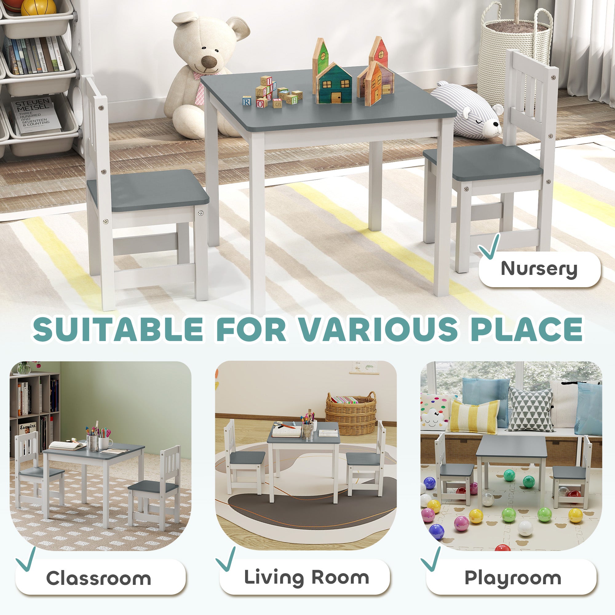 Qaba Kids Table and Chairs Set, Toddler Table and 2 Chair Set for Activity, Art, Craft, Reading, Learning, Grey-Toys & Games > Toddler & Kids Furniture > Kids Table Sets-DECOROLALA