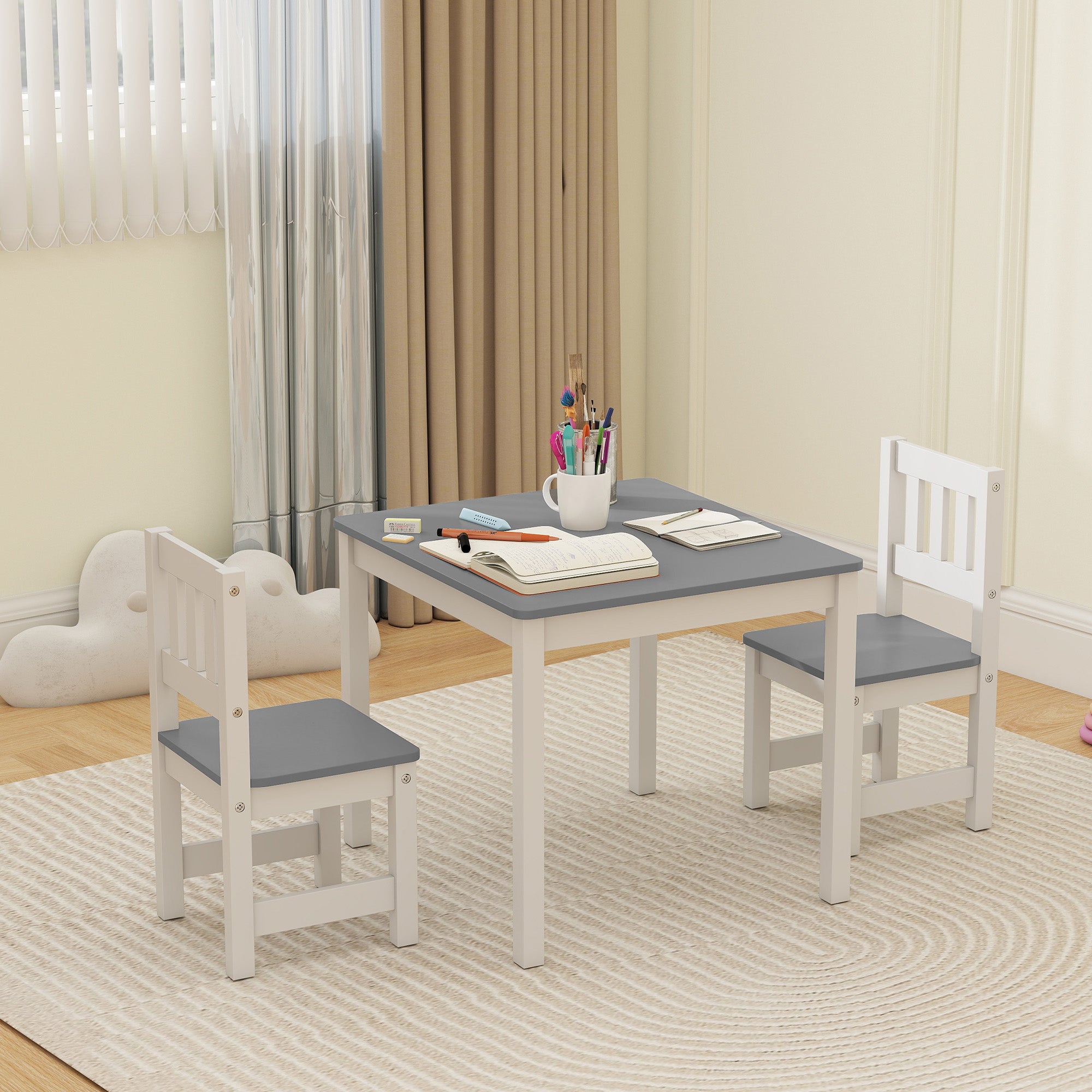 Qaba Kids Table and Chairs Set, Toddler Table and 2 Chair Set for Activity, Art, Craft, Reading, Learning, Grey-Toys & Games > Toddler & Kids Furniture > Kids Table Sets-DECOROLALA