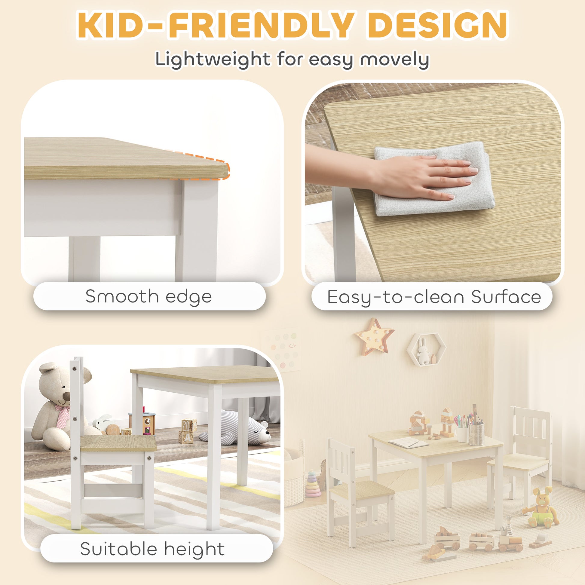 Qaba Kids Table and Chairs Set, Toddler Table and 2 Chair Set for Activity, Art, Craft, Reading, Learning, Natural-Toys & Games > Toddler & Kids Furniture > Kids Table Sets-DECOROLALA
