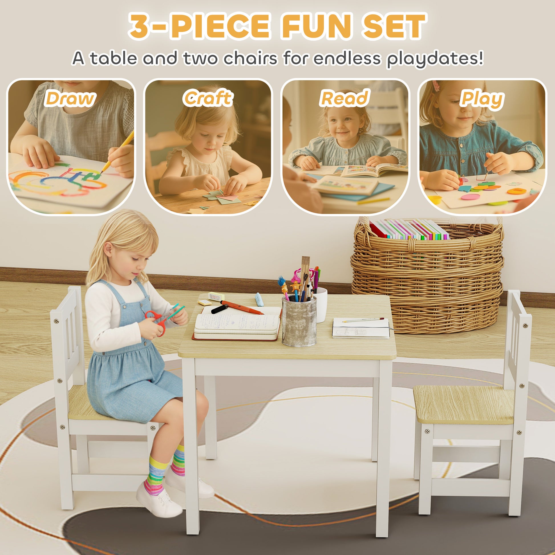 Qaba Kids Table and Chairs Set, Toddler Table and 2 Chair Set for Activity, Art, Craft, Reading, Learning, Natural-Toys & Games > Toddler & Kids Furniture > Kids Table Sets-DECOROLALA