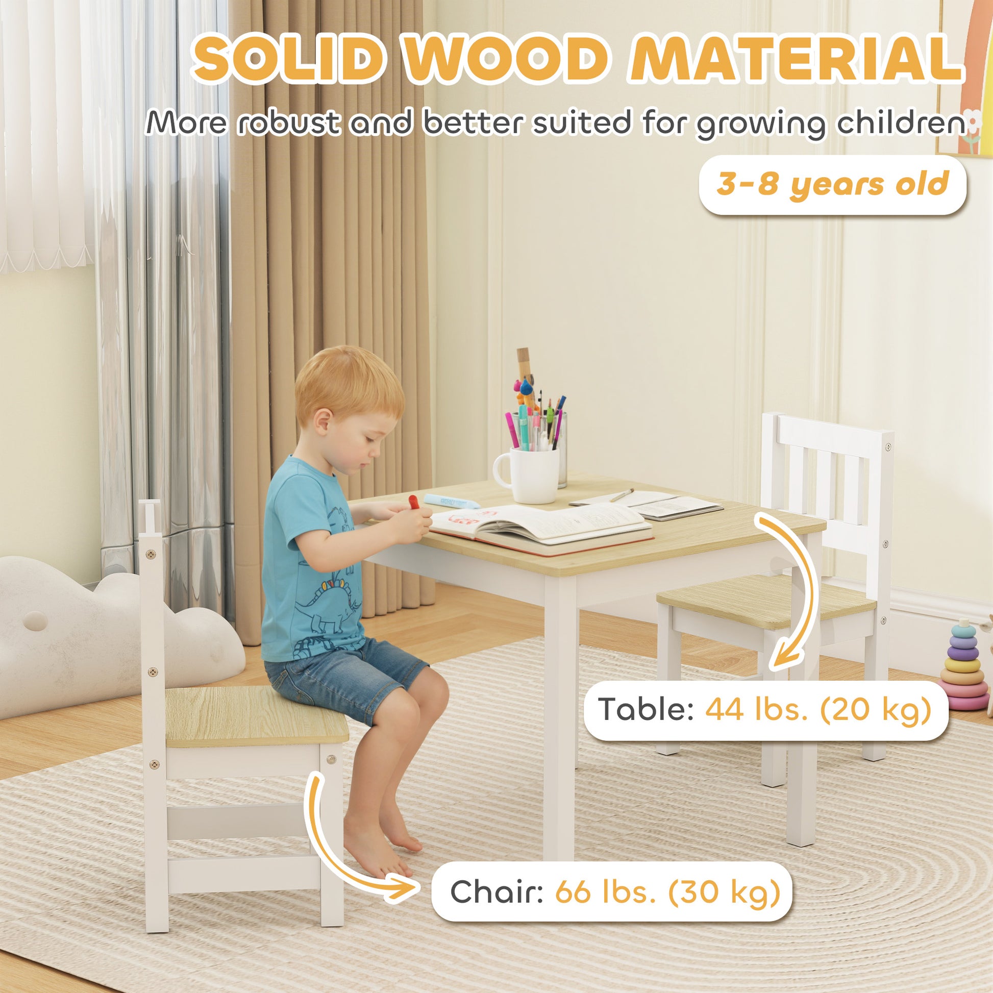 Qaba Kids Table and Chairs Set, Toddler Table and 2 Chair Set for Activity, Art, Craft, Reading, Learning, Natural-Toys & Games > Toddler & Kids Furniture > Kids Table Sets-DECOROLALA