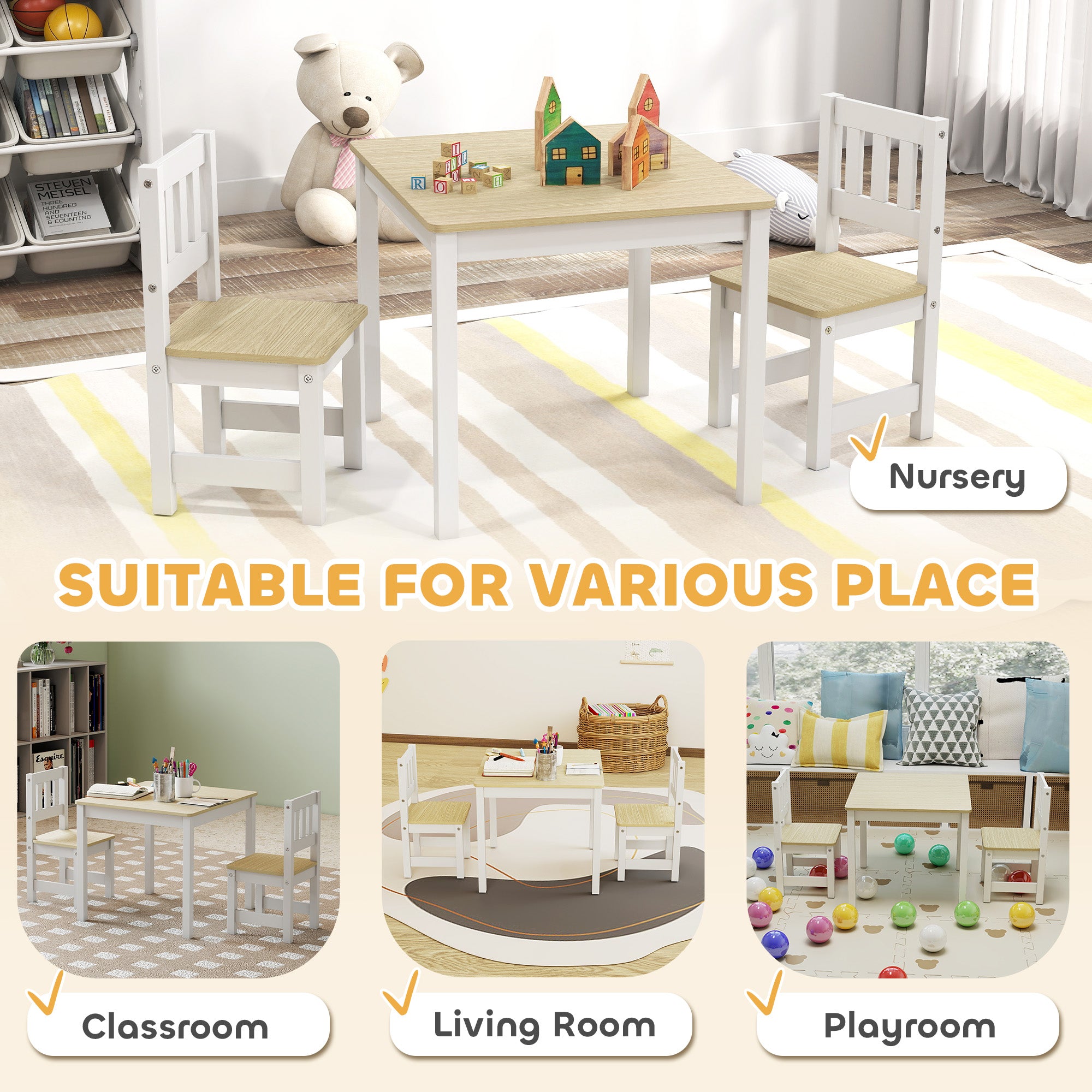 Qaba Kids Table and Chairs Set, Toddler Table and 2 Chair Set for Activity, Art, Craft, Reading, Learning, Natural-Toys & Games > Toddler & Kids Furniture > Kids Table Sets-DECOROLALA