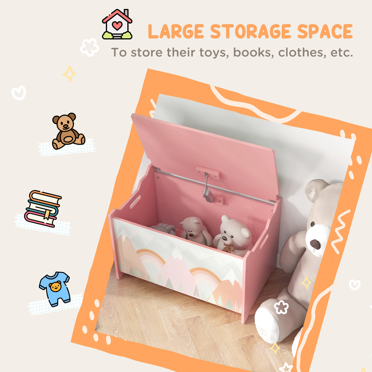 Qaba Kids Toy Box Storage Chest - Pink Rainbow Pattern 24"-Toys & Games > Toddler & Kids Furniture > Baby & Kids Storage-DECOROLALA