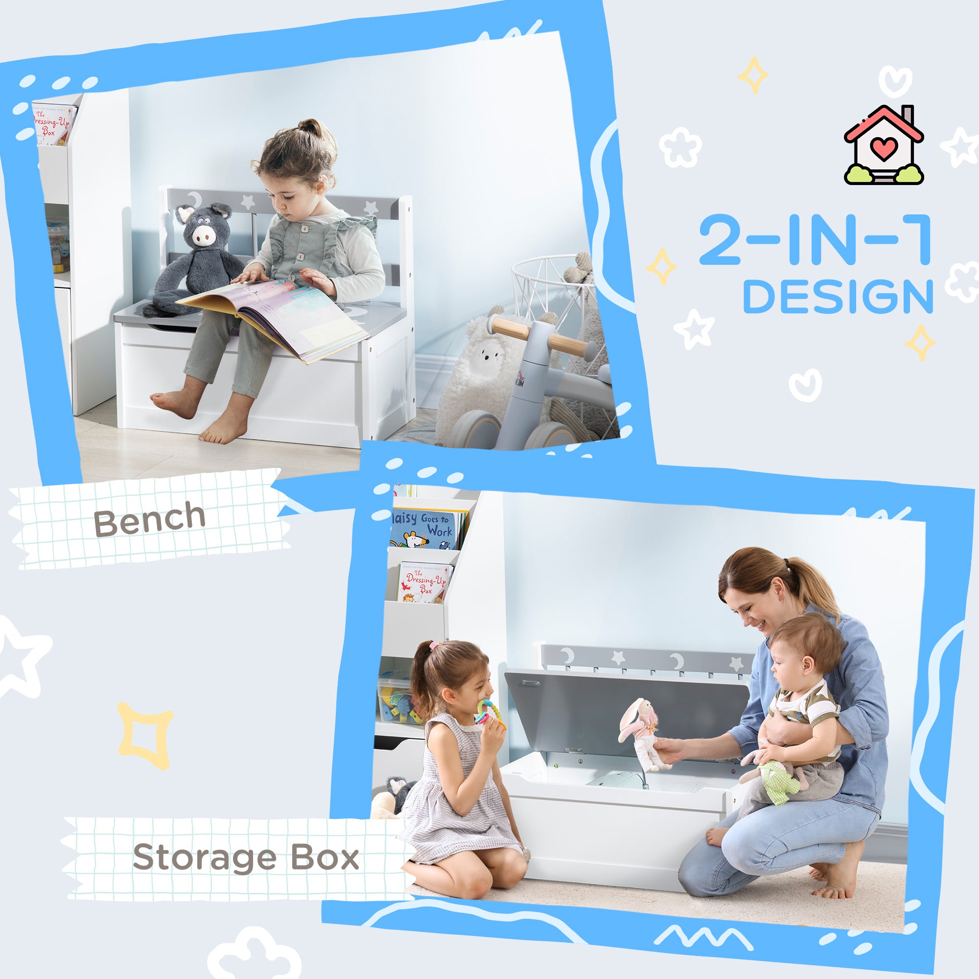 Qaba Kids Toy Box Storage Chest with Lid and Safety Hinge, Kids Storage Bench Seat with Backrest for Toddler, Grey-Toys & Games > Toddler & Kids Furniture > Baby & Kids Storage-DECOROLALA