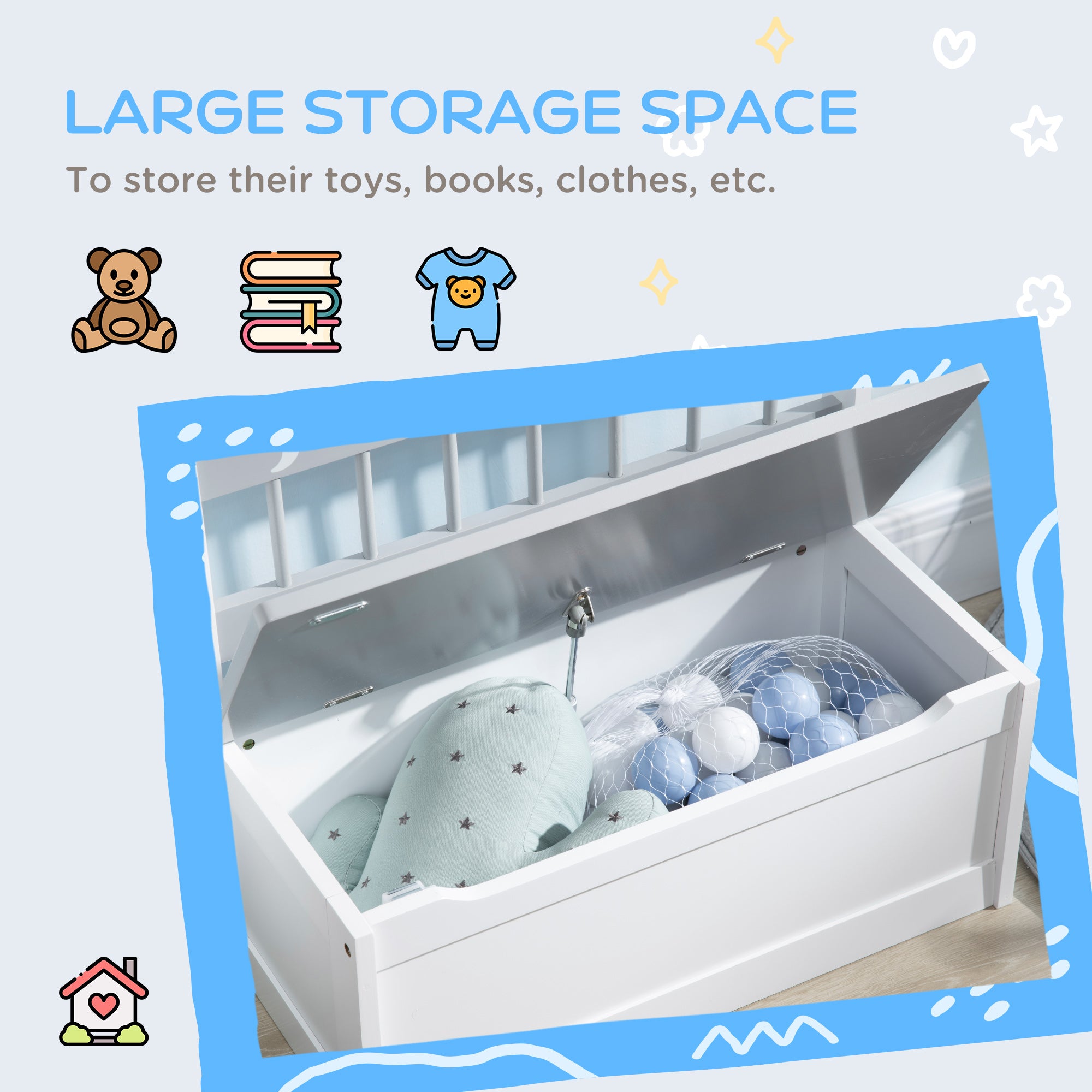 Qaba Kids Toy Box Storage Chest with Lid and Safety Hinge, Kids Storage Bench Seat with Backrest for Toddler, Grey-Toys & Games > Toddler & Kids Furniture > Baby & Kids Storage-DECOROLALA