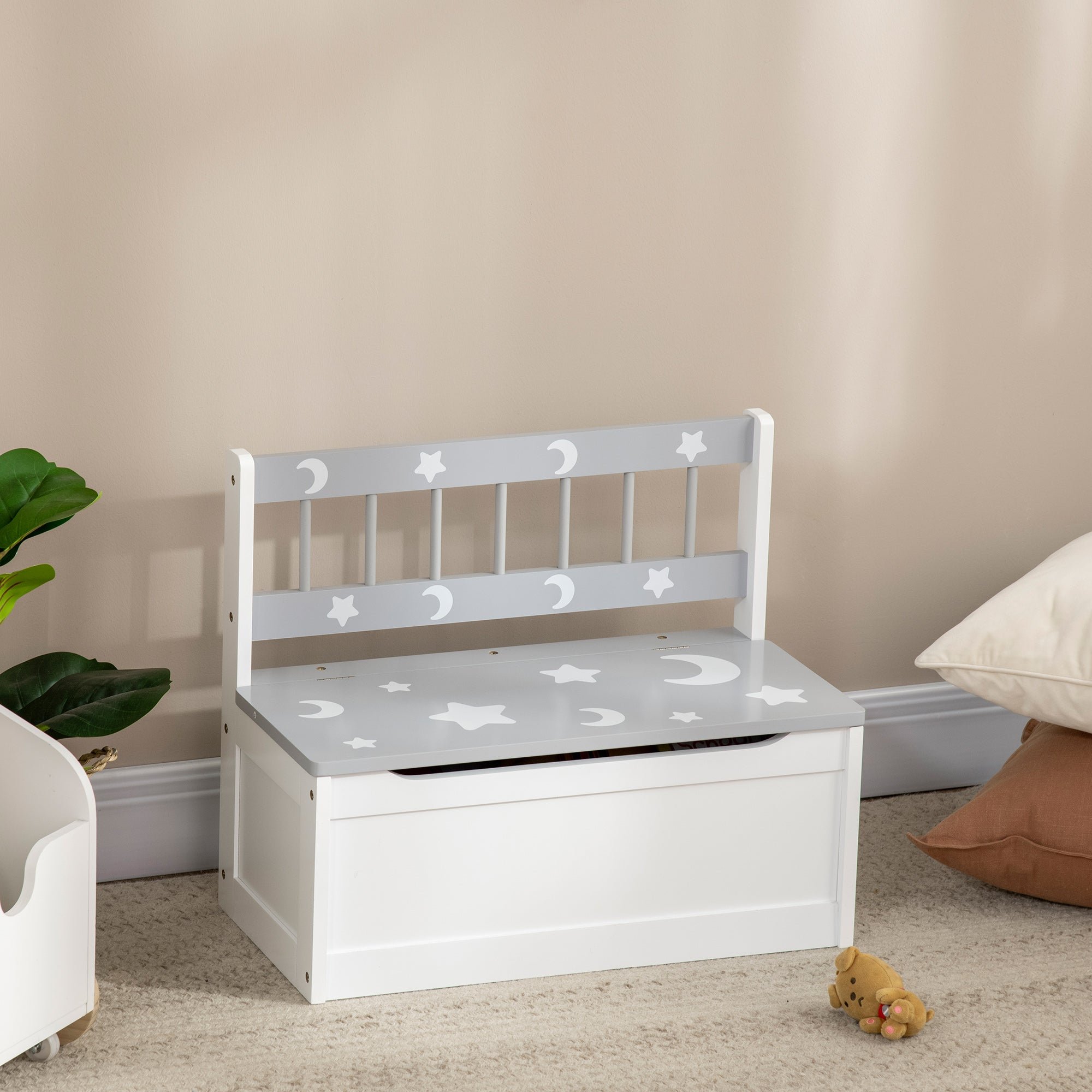 Qaba Kids Toy Box Storage Chest with Lid and Safety Hinge, Kids Storage Bench Seat with Backrest for Toddler, Grey-Toys & Games > Toddler & Kids Furniture > Baby & Kids Storage-DECOROLALA