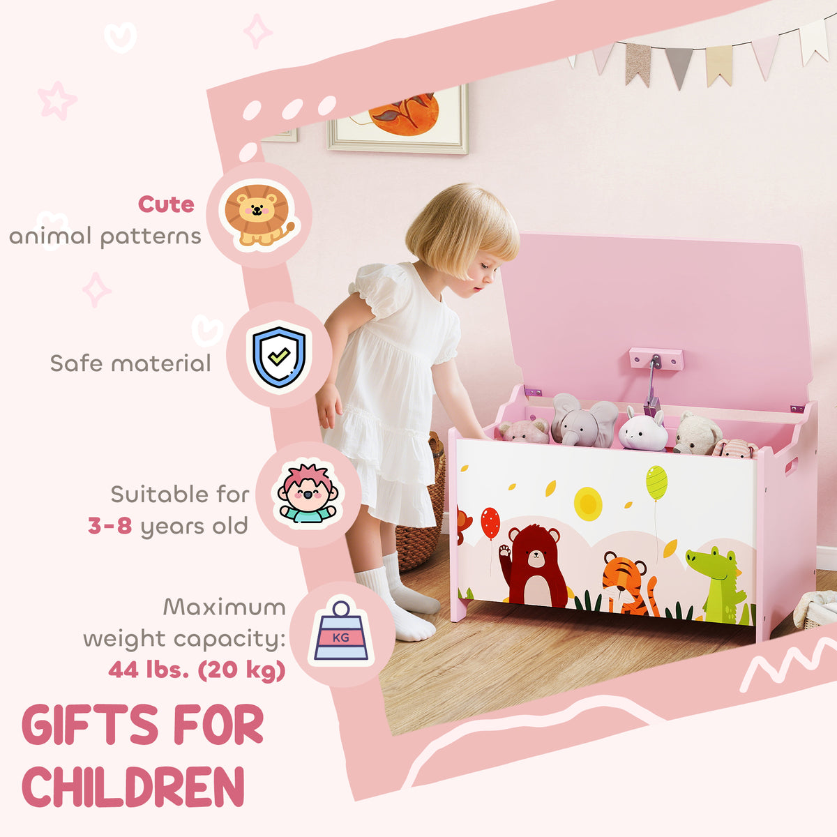 Qaba Kids Toy Box Storage Chest with Safety Hinge - Pink MDF-Toys & Games > Toddler & Kids Furniture > Baby & Kids Storage-DECOROLALA