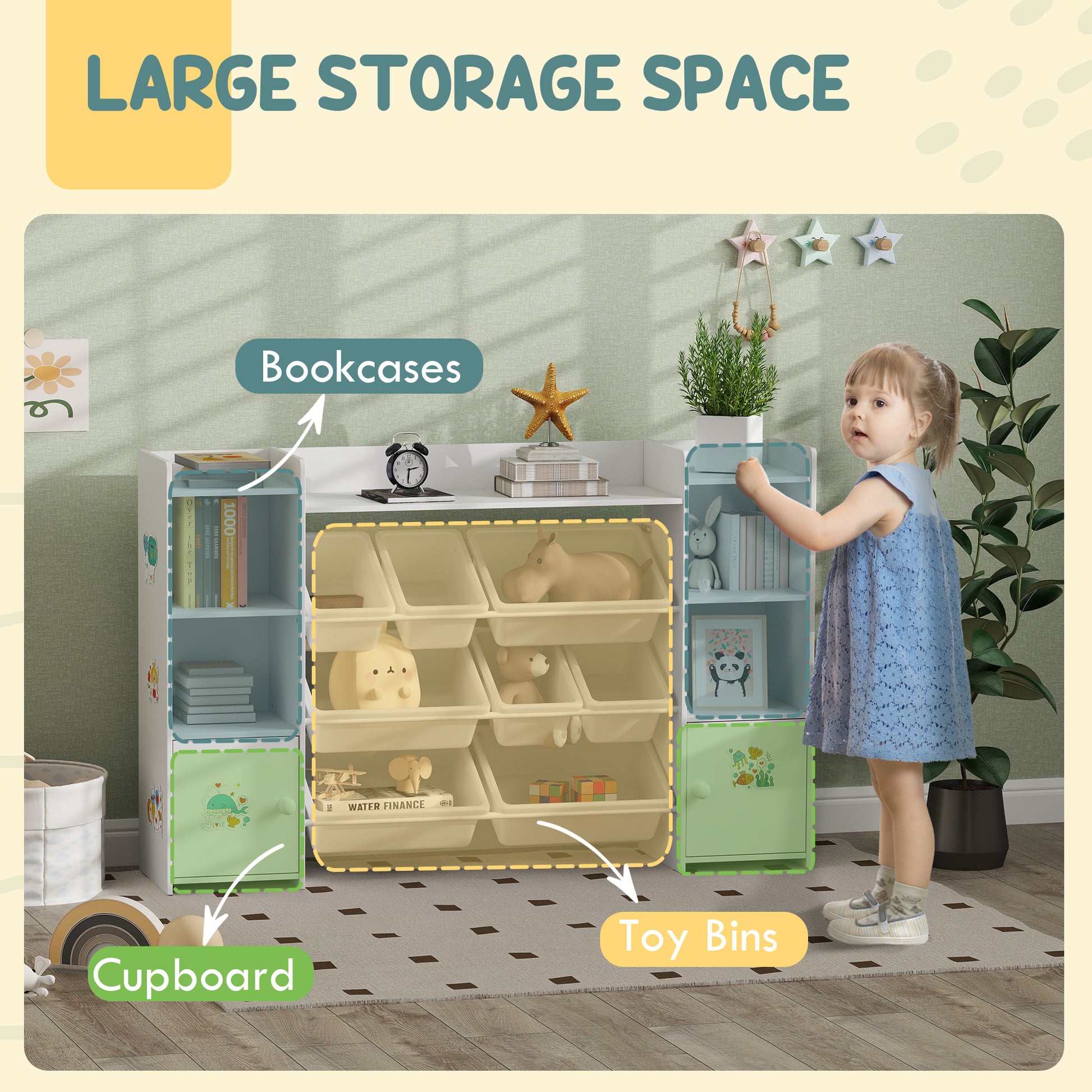 Qaba Kids Toy Organizers and Storage with 8 Removable Storage Bins and Bookshelf, White-Toys & Games > Toddler & Kids Furniture > Baby & Kids Storage-DECOROLALA