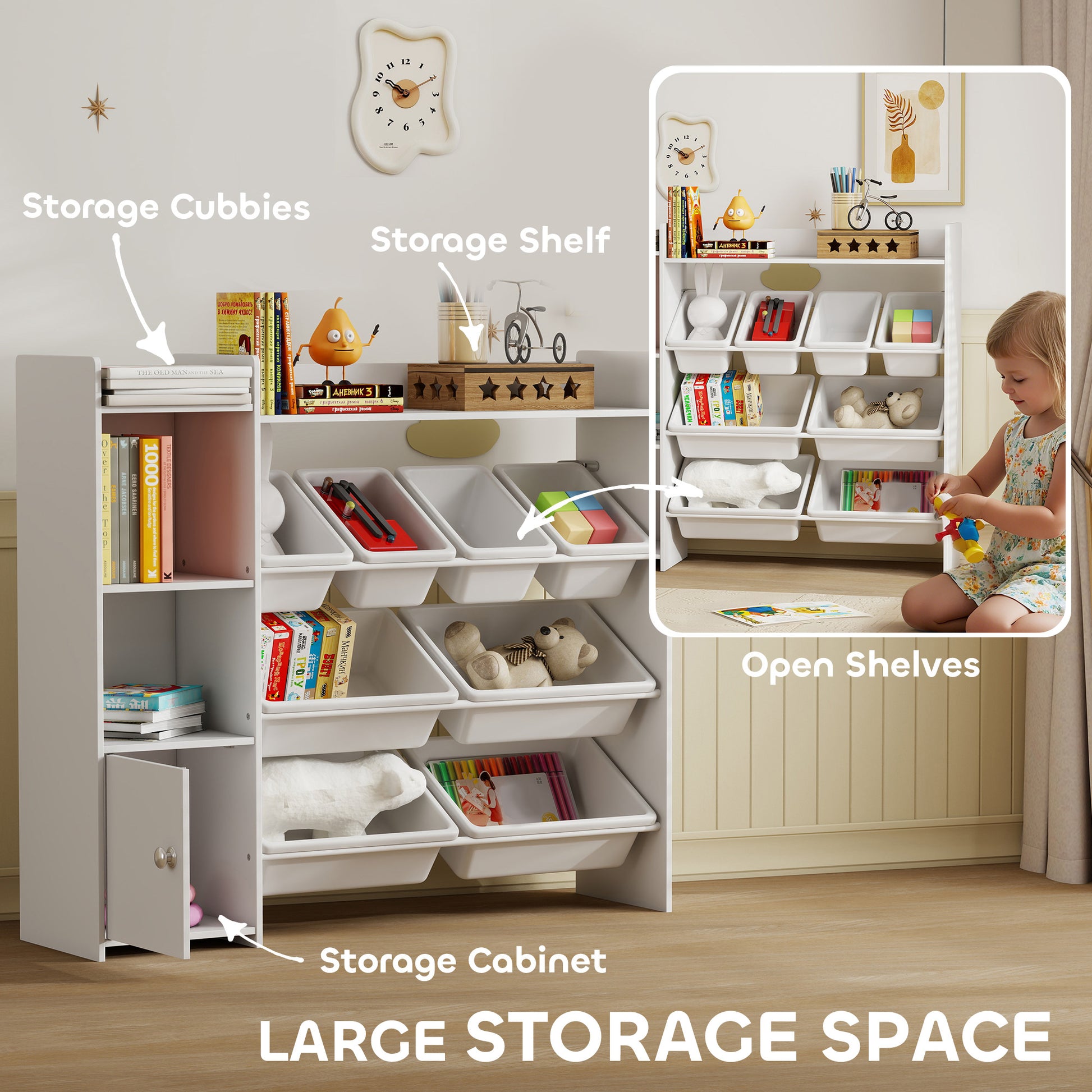 Qaba Kids Toy Organizers and Storage with 8 Removable Storage Bins and Bookshelf, White-Toys & Games > Toddler & Kids Furniture > Baby & Kids Storage-DECOROLALA