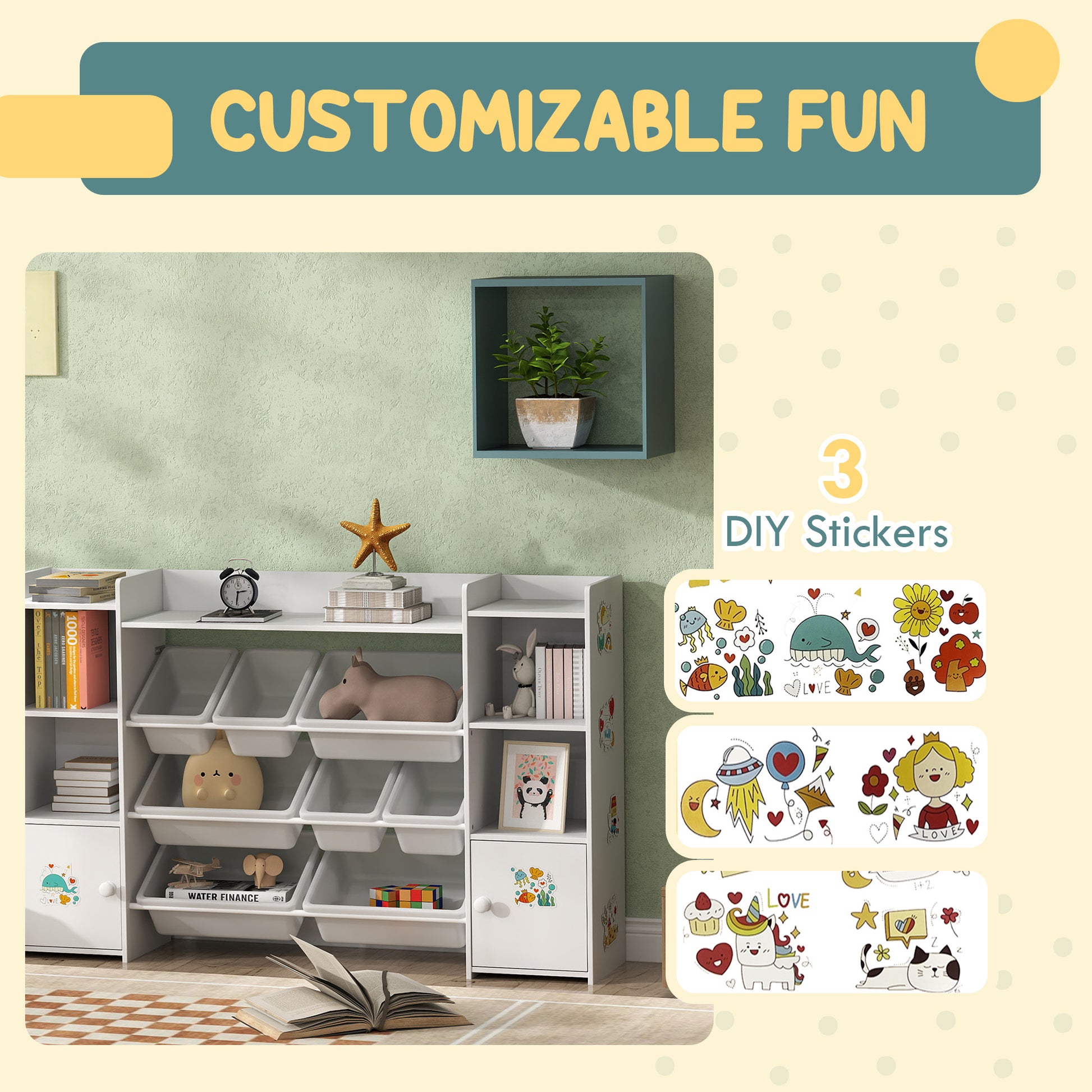 Qaba Kids Toy Organizers and Storage with 8 Removable Storage Bins and Bookshelf, White-Toys & Games > Toddler & Kids Furniture > Baby & Kids Storage-DECOROLALA