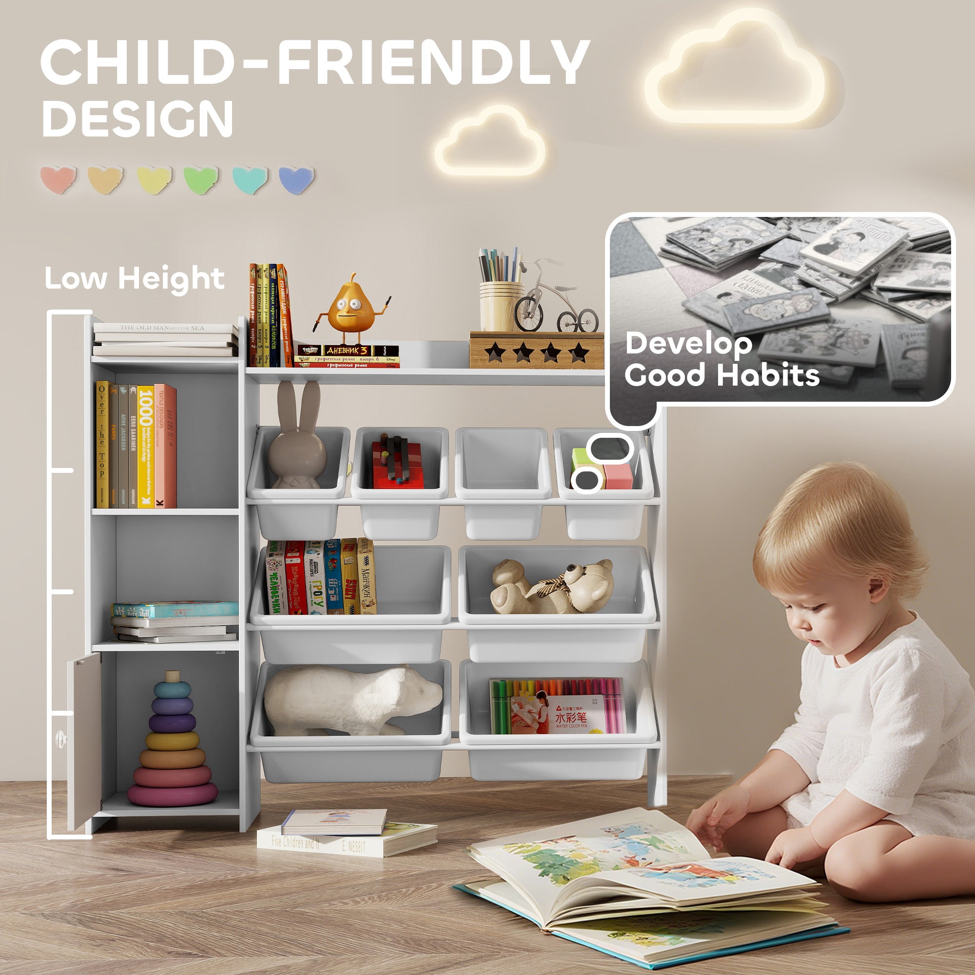 Qaba Kids Toy Organizers and Storage with 8 Removable Storage Bins and Bookshelf, White-Toys & Games > Toddler & Kids Furniture > Baby & Kids Storage-DECOROLALA