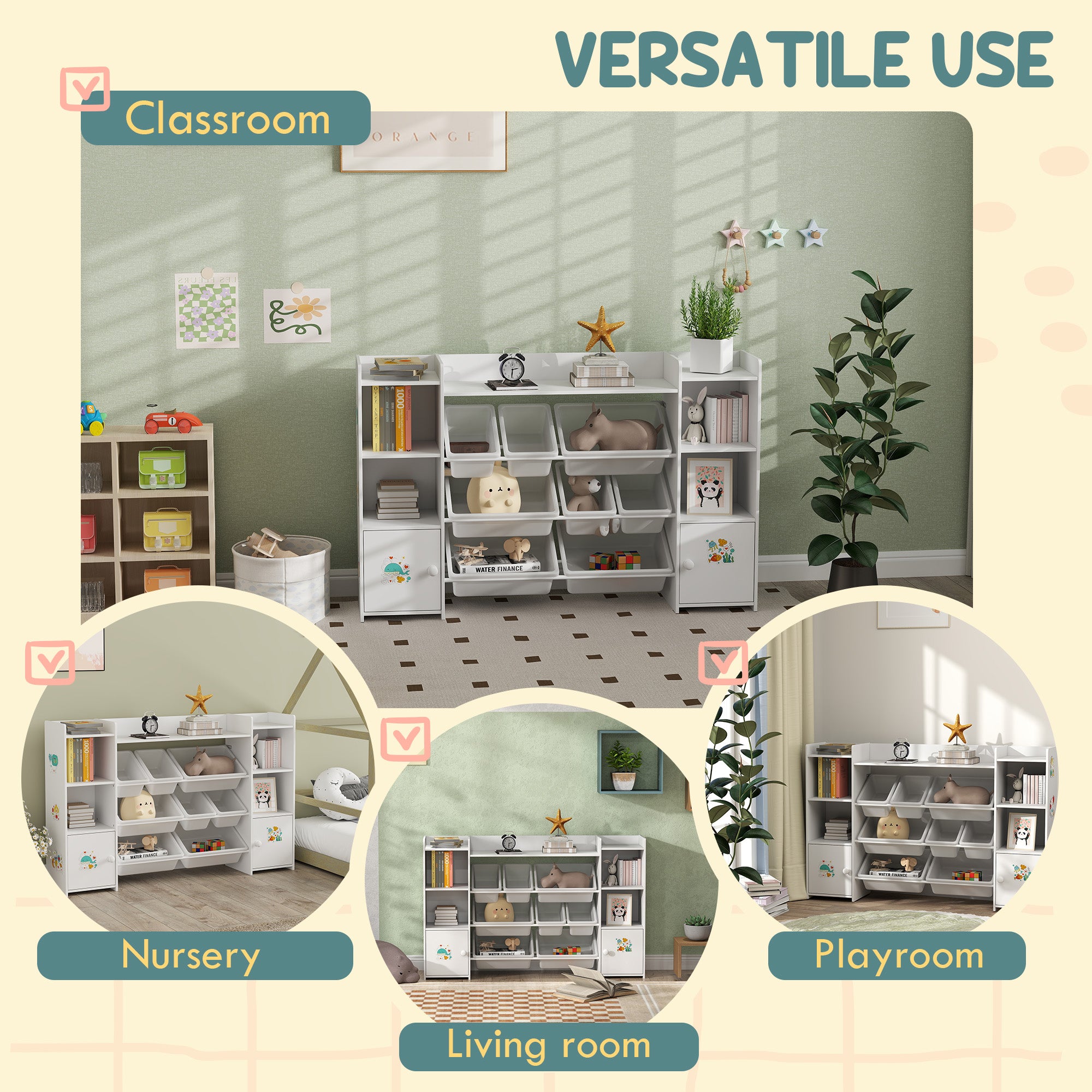Qaba Kids Toy Organizers and Storage with 8 Removable Storage Bins and Bookshelf, White-Toys & Games > Toddler & Kids Furniture > Baby & Kids Storage-DECOROLALA