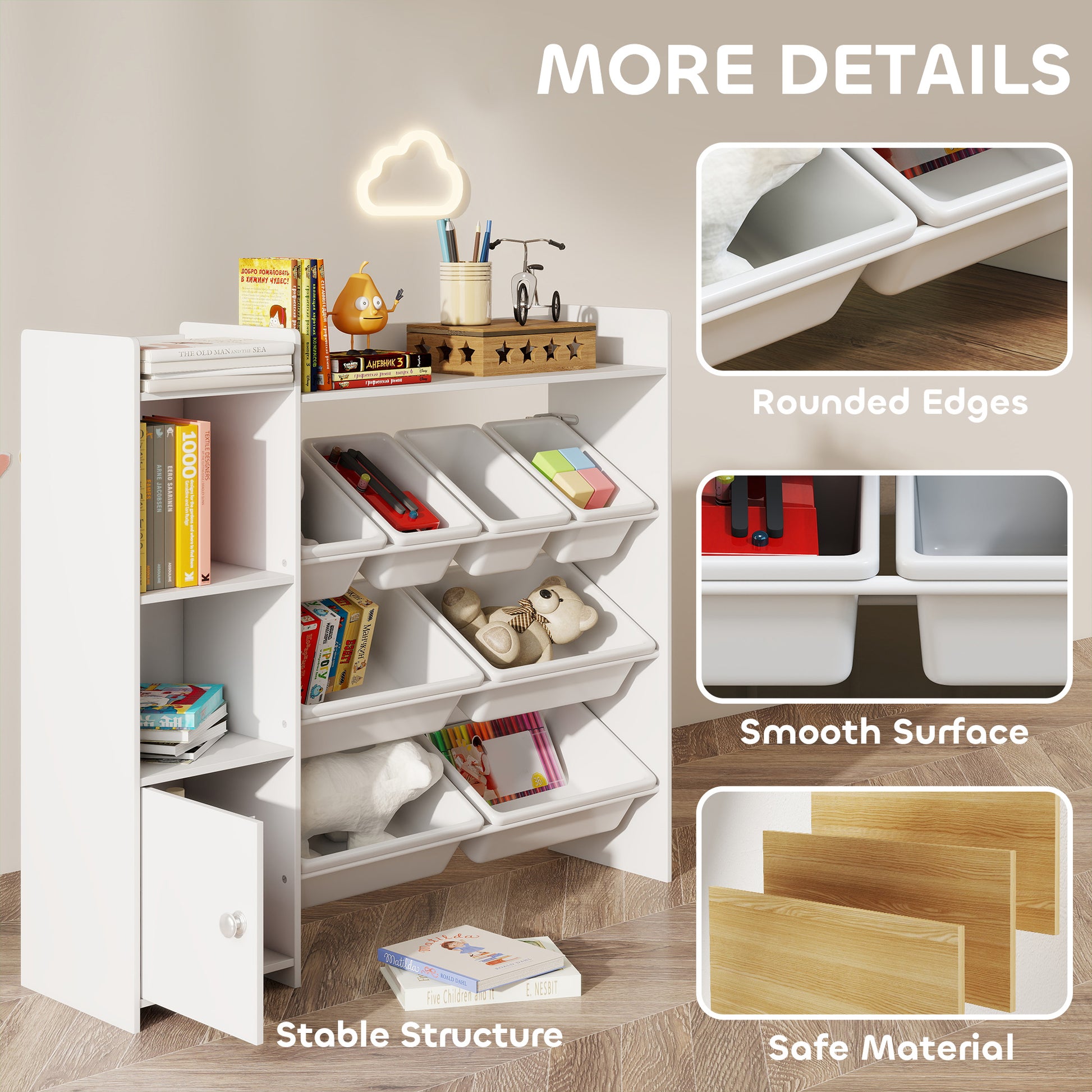 Qaba Kids Toy Organizers and Storage with 8 Removable Storage Bins and Bookshelf, White-Toys & Games > Toddler & Kids Furniture > Baby & Kids Storage-DECOROLALA