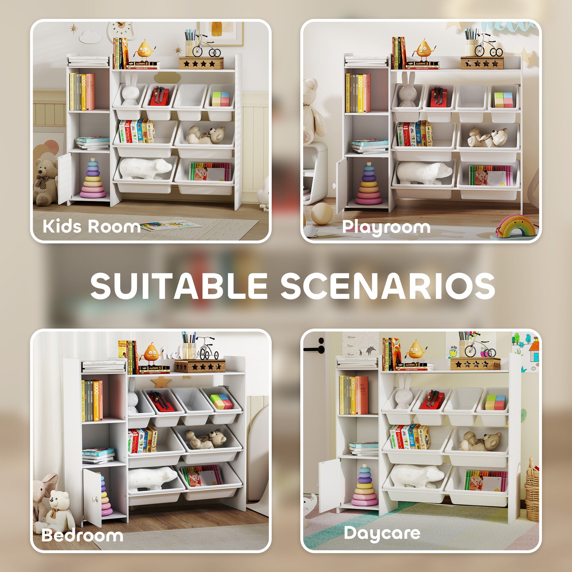 Qaba Kids Toy Organizers and Storage with 8 Removable Storage Bins and Bookshelf, White-Toys & Games > Toddler & Kids Furniture > Baby & Kids Storage-DECOROLALA