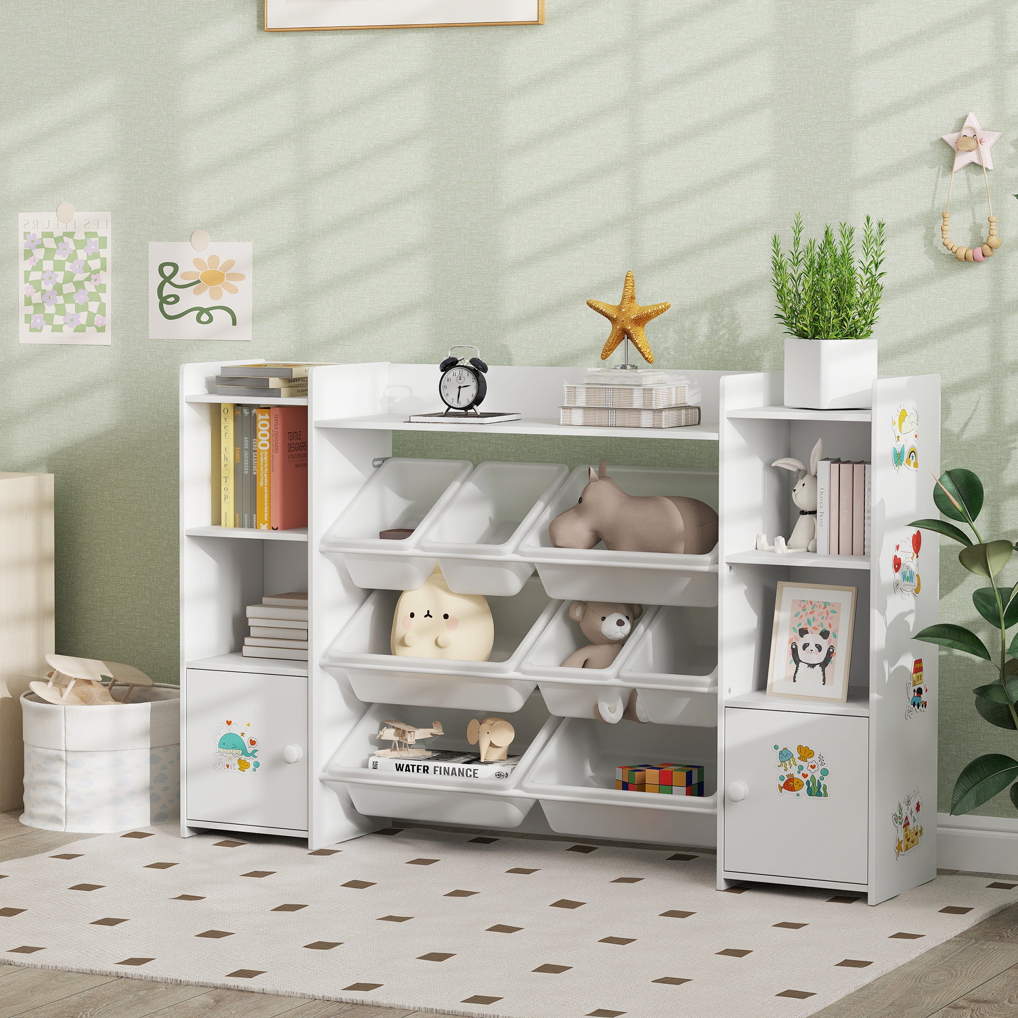 Qaba Kids Toy Organizers and Storage with 8 Removable Storage Bins and Bookshelf, White-Toys & Games > Toddler & Kids Furniture > Baby & Kids Storage-DECOROLALA