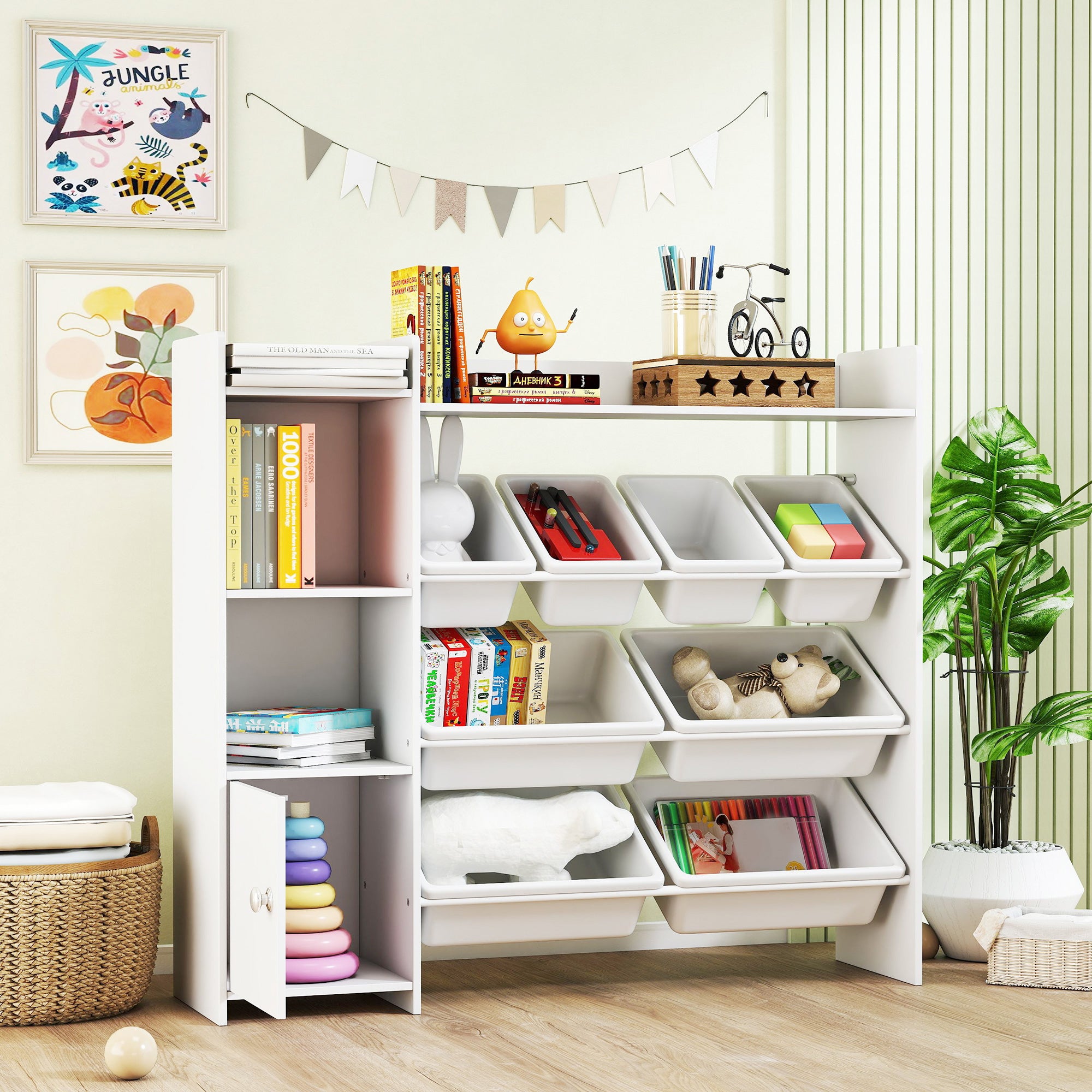 Qaba Kids Toy Organizers and Storage with 8 Removable Storage Bins and Bookshelf, White-Toys & Games > Toddler & Kids Furniture > Baby & Kids Storage-DECOROLALA