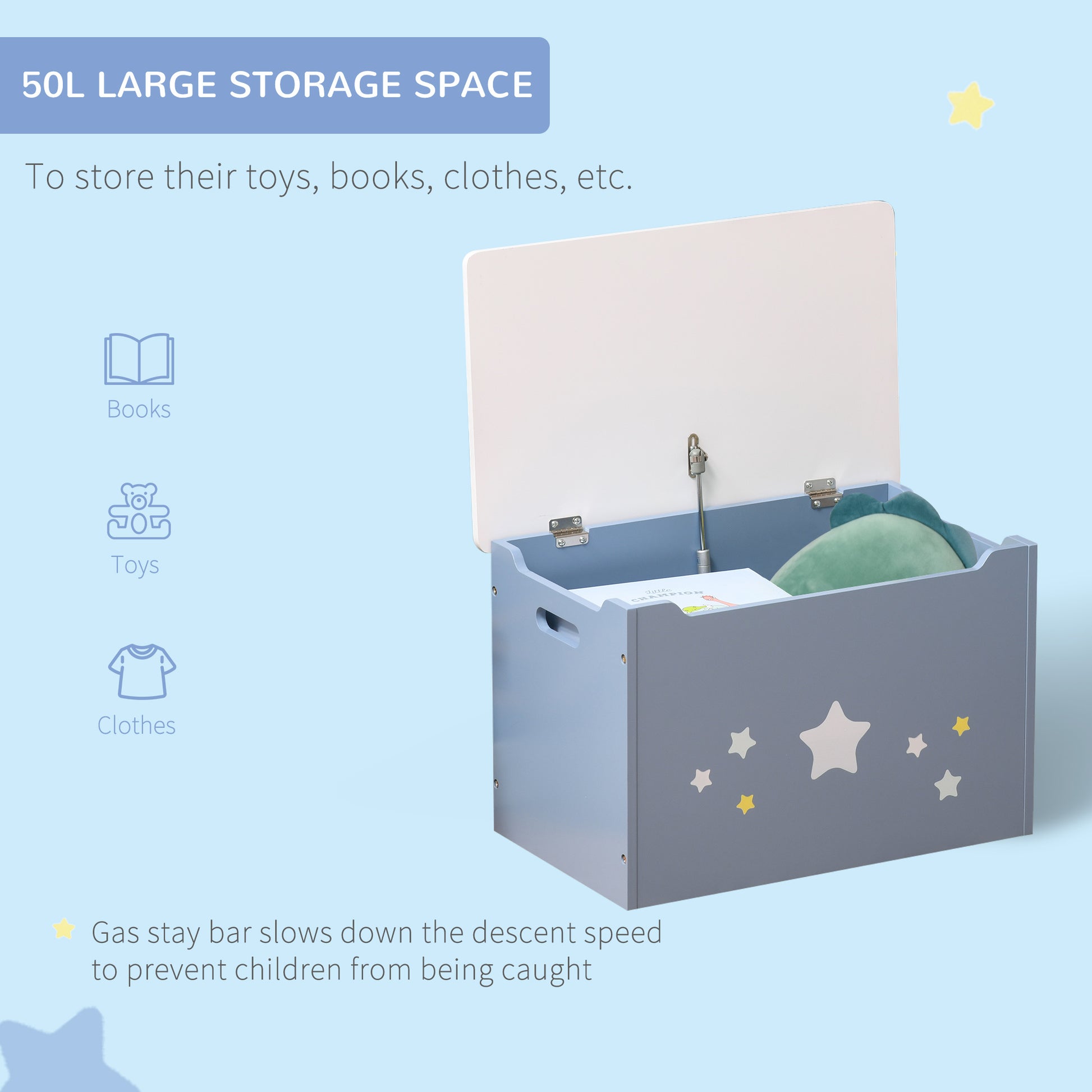 Qaba Kids Toy Storage Box, Organizer Chest with Gas Stay Bar Seating Bench, Blue-Toys & Games > Toddler & Kids Furniture > Baby & Kids Storage-DECOROLALA