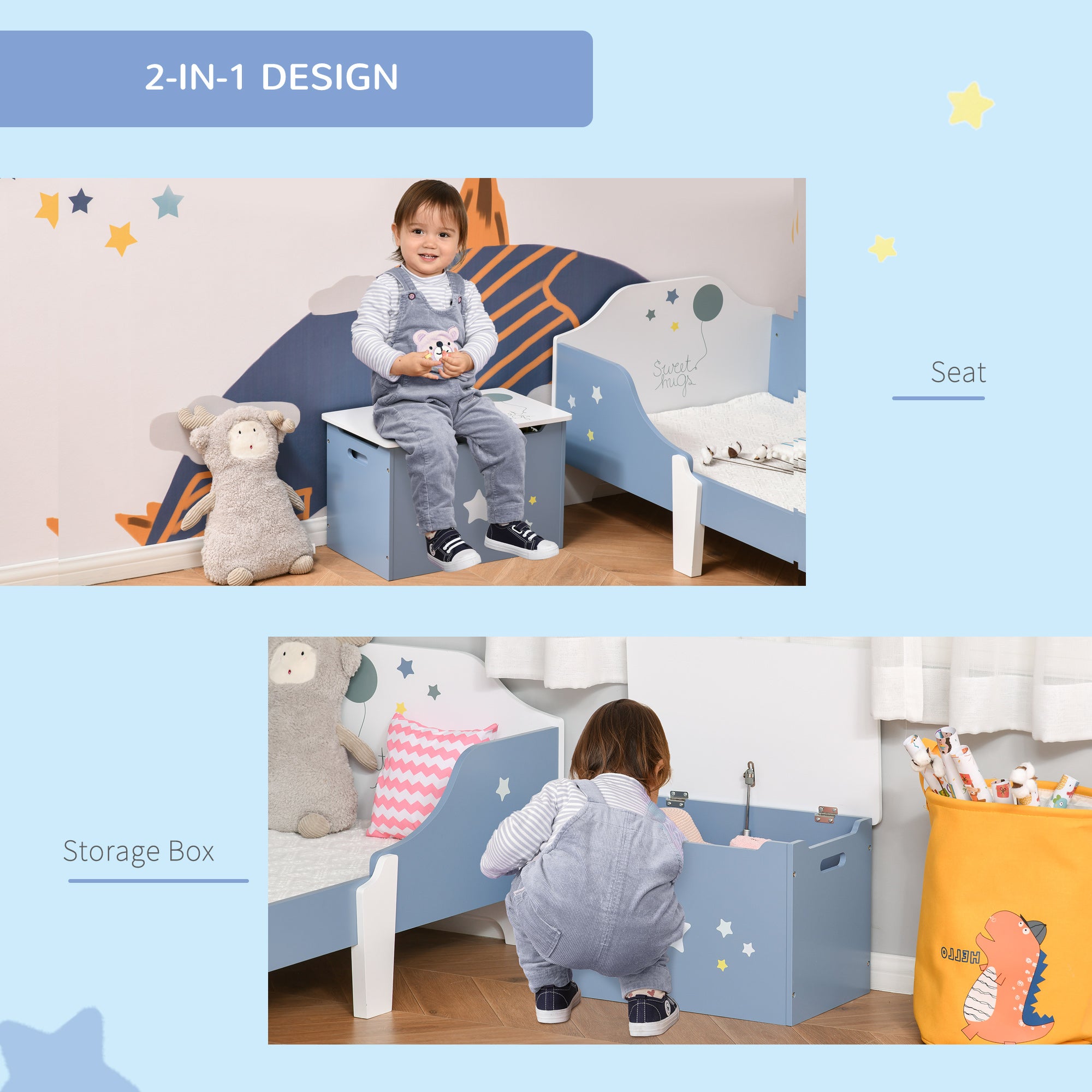 Qaba Kids Toy Storage Box, Organizer Chest with Gas Stay Bar Seating Bench, Blue-Toys & Games > Toddler & Kids Furniture > Baby & Kids Storage-DECOROLALA