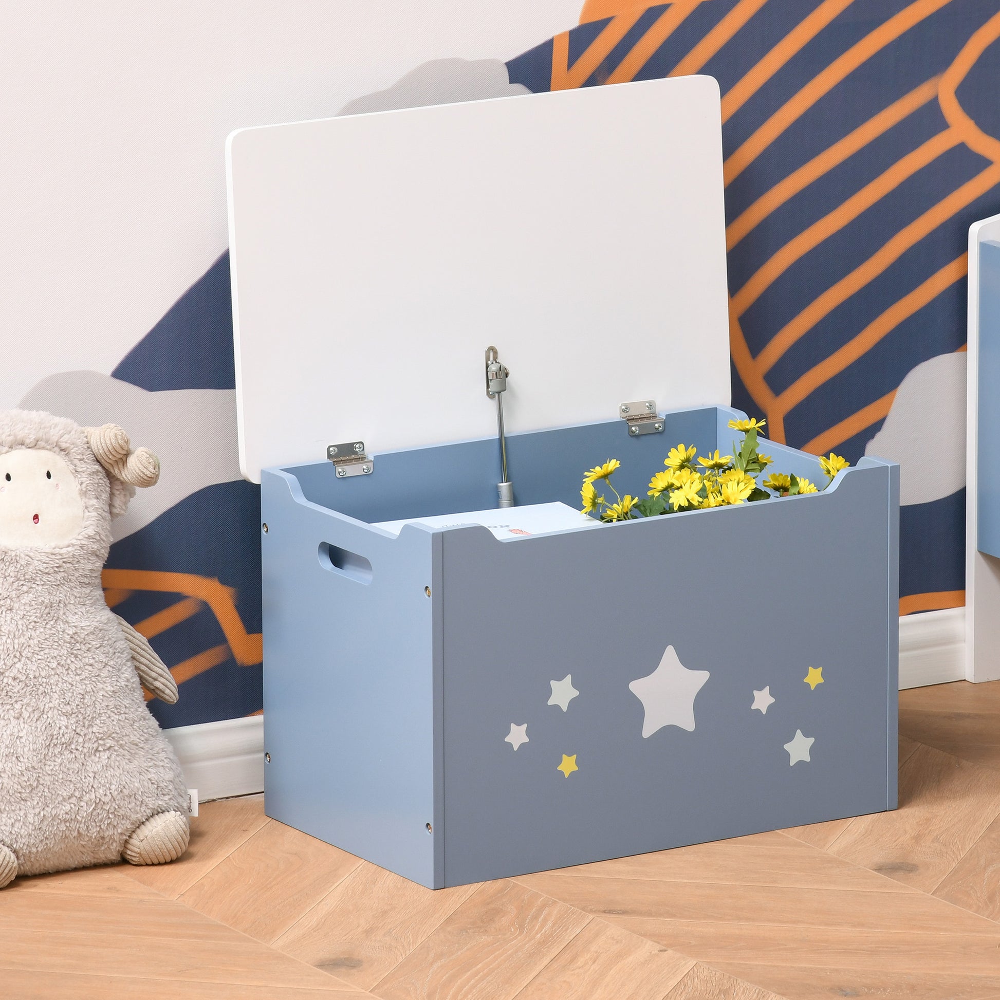 Qaba Kids Toy Storage Box, Organizer Chest with Gas Stay Bar Seating Bench, Blue-Toys & Games > Toddler & Kids Furniture > Baby & Kids Storage-DECOROLALA