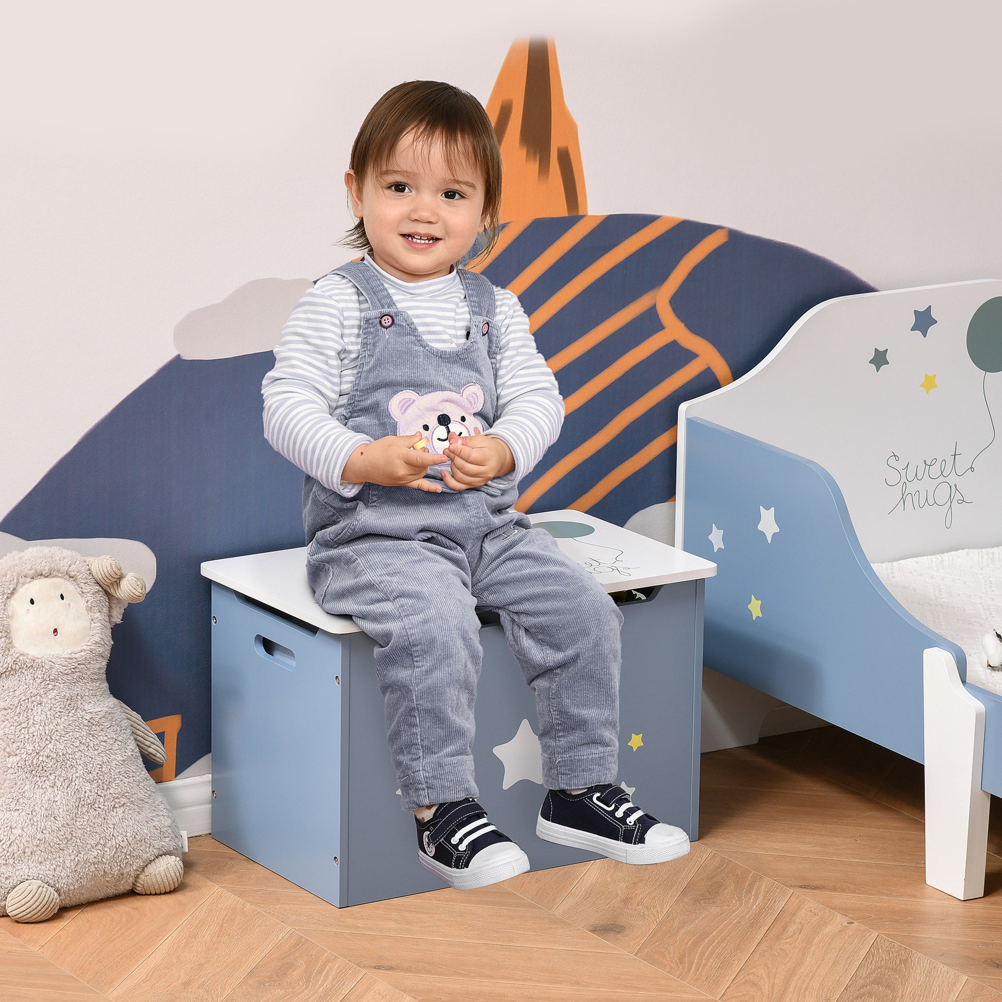 Qaba Kids Toy Storage Box, Organizer Chest with Gas Stay Bar Seating Bench, Blue-Toys & Games > Toddler & Kids Furniture > Baby & Kids Storage-DECOROLALA